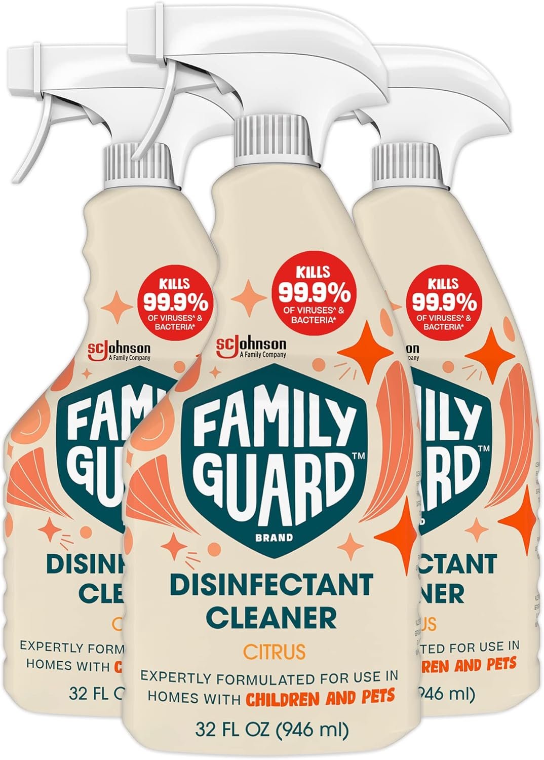 FAMILYGUARD Brand Disinfectant Spray Trigger & Multi Surface Cleaner, Antibacterial Spray, Expertly Formulated for Use In Homes with Children & Pets, Citrus Scent, 32 oz (Pack of 3) - Image 2