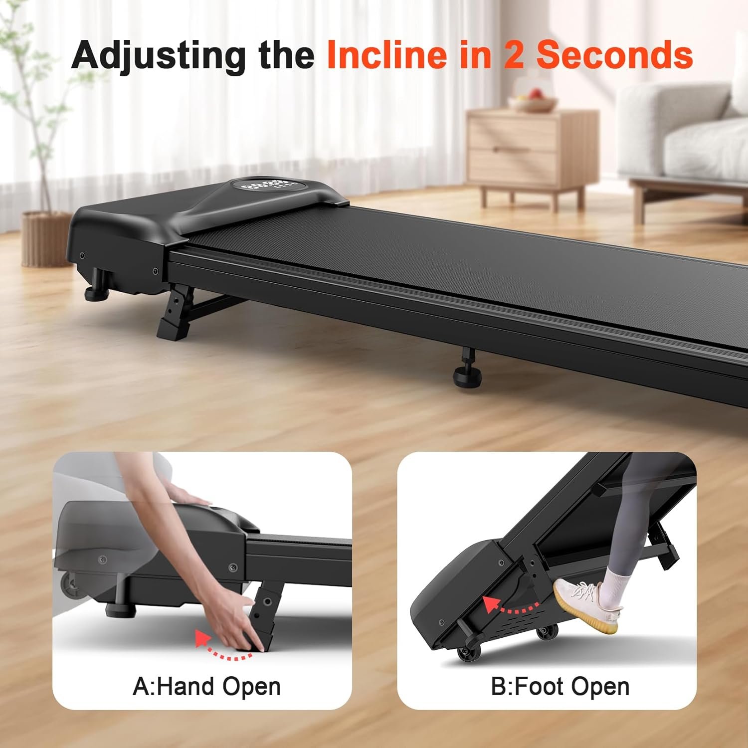 THERUN Walking Pad with Incline, Portable Mini Manual Incline Treadmills for Home/Office, Walking Pad Treadmill 2.5HP, Walking Jogging Machine with 265 lbs Weight Capacity Remote Control LED Display - Image 5