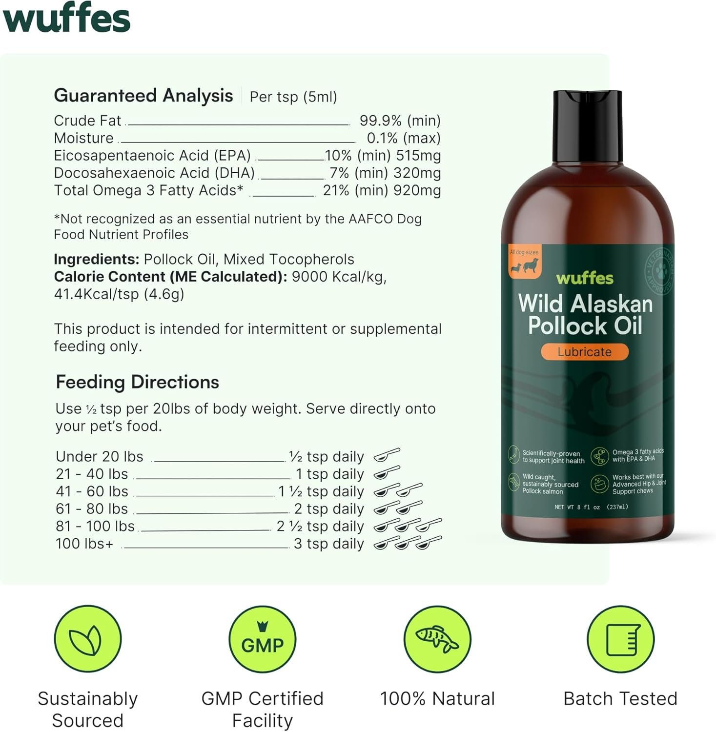 Wuffes Wild Alaskan Pollock Oil for Dogs - Natural EPA & DHA Fatty Acids, Omega 3 for Canines, Supports Healthy Skin and Coat, Joint Nutrition, and Immune System - 100% Pure Fish Oil for Pets - 8 Oz - Image 7