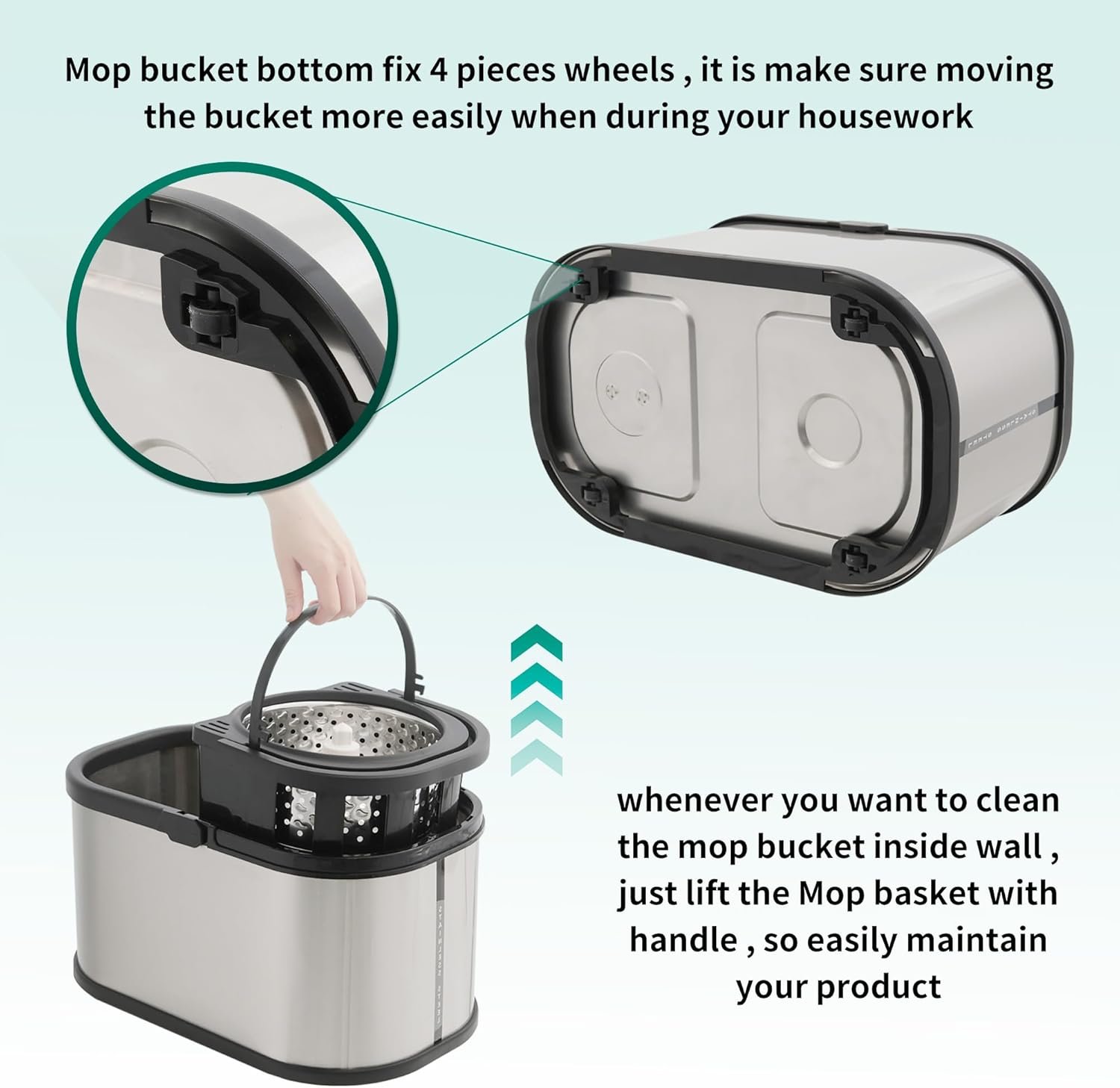 Stainless Steel Spin Mop and Bucket with Wringer Set, 360° Spinning Mop Bucket Floor Cleaning System with 4 Microfiber Mop Replacement Heads - Image 7