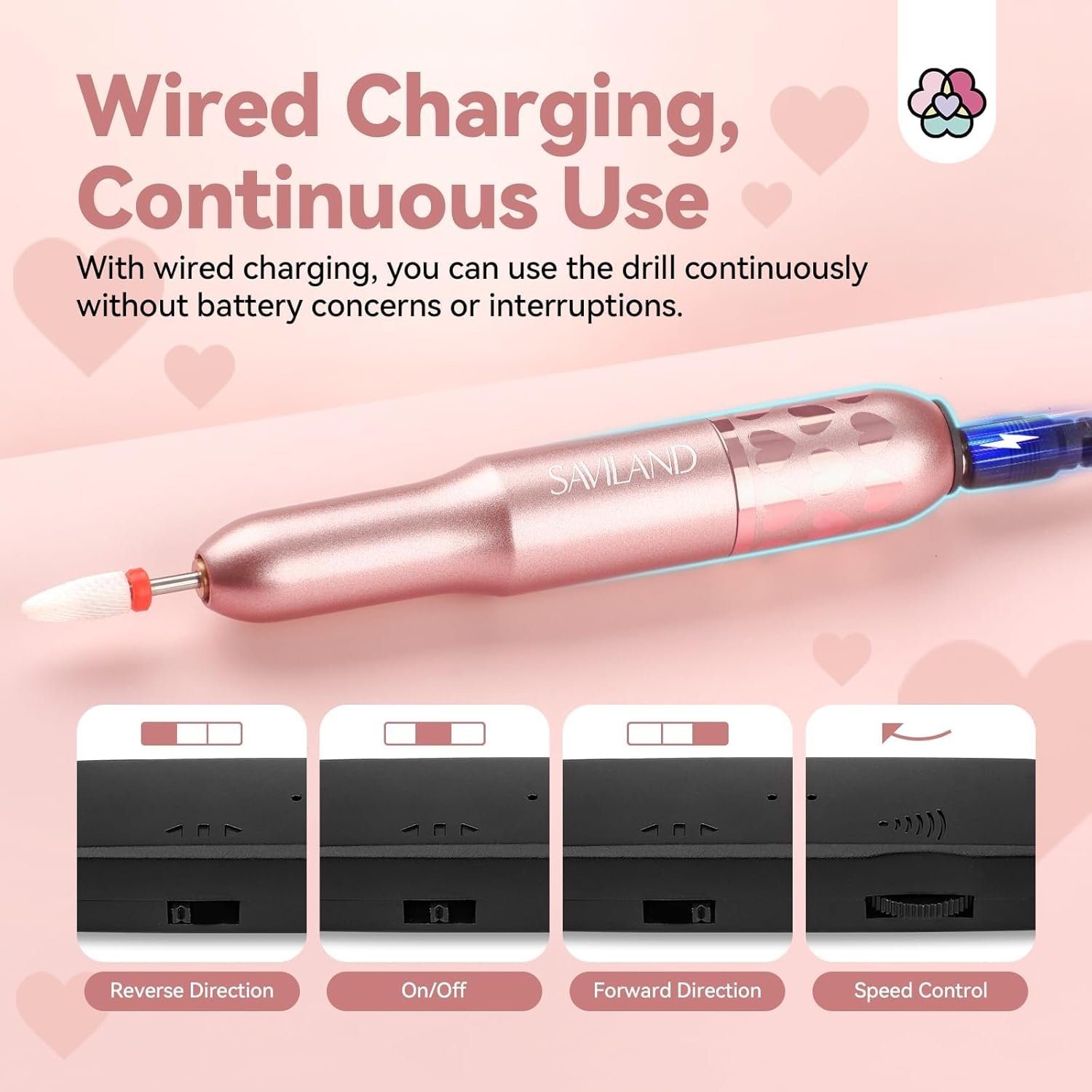 SAVILAND Acrylic Electric Nail Drill : Exclusive Love Series Portable Efile Nail Drill Machine Professional Complete Drill Bits for Remove Acrylic Nails Manicure & Toenails Nail Care Home Salon DIY - Image 6