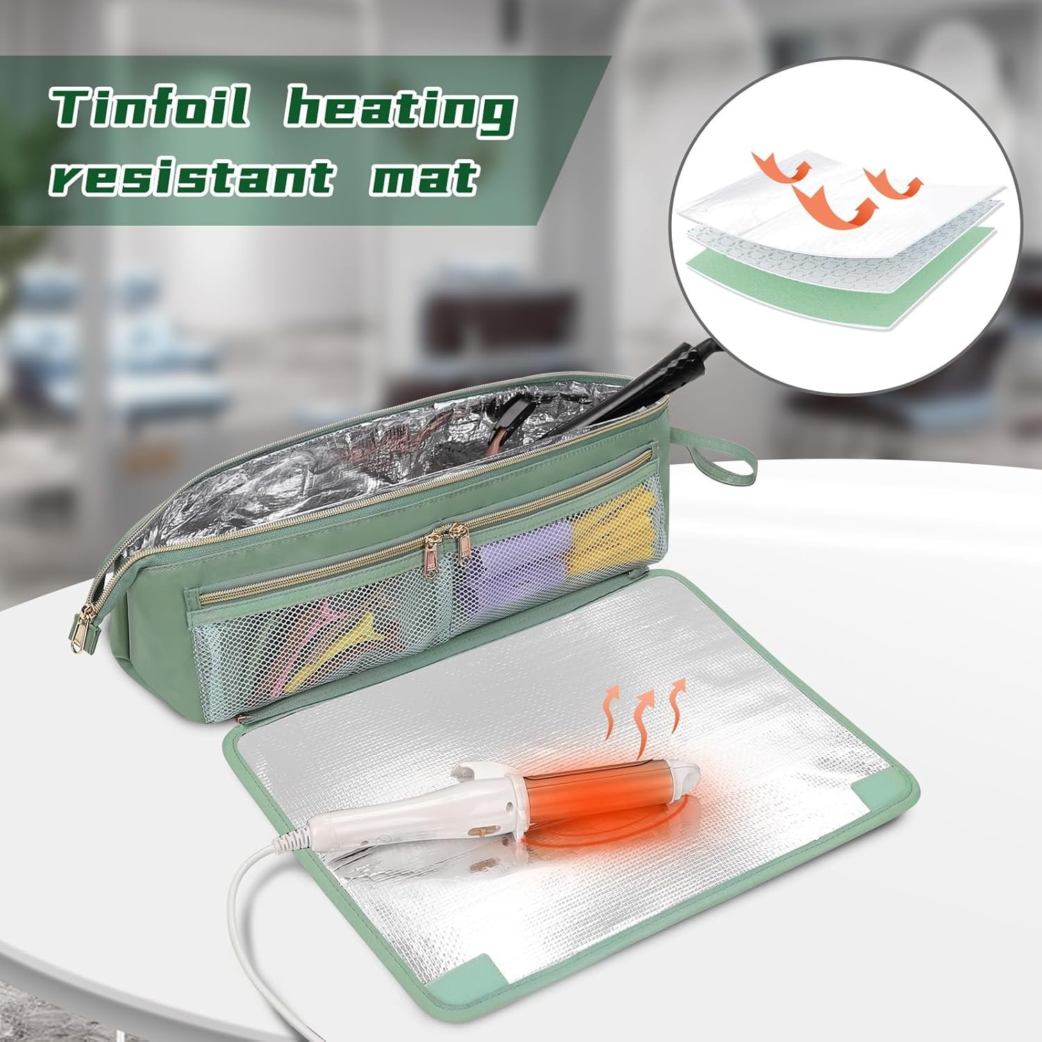 Ethereal 2-in-1 Hair Tools Travel Bag and Tinfoil Heat Resistant Mat for Flat Irons, Straighteners, Curling Iron, and Haircare Accessories, Hot Hair Styling Tool Organizer with Pockets, Green - Image 5