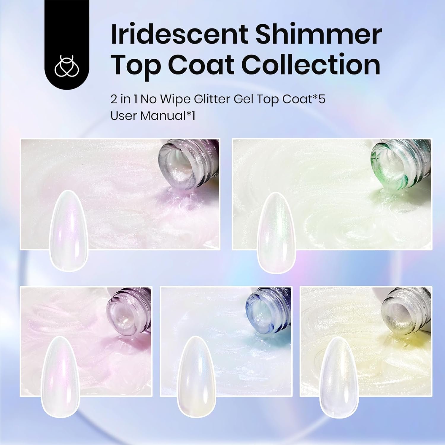 Beetles Pearl Glitter Top Coat Set, 5 Colors Iridescent Pastel Shimmer Mermaid Glossy Top Coat Gel Polish Shiny Long-Lasting No Wipe Soak Off UV LED Top Coat Nail Art Valentine's Day Gifts for Women - Image 3