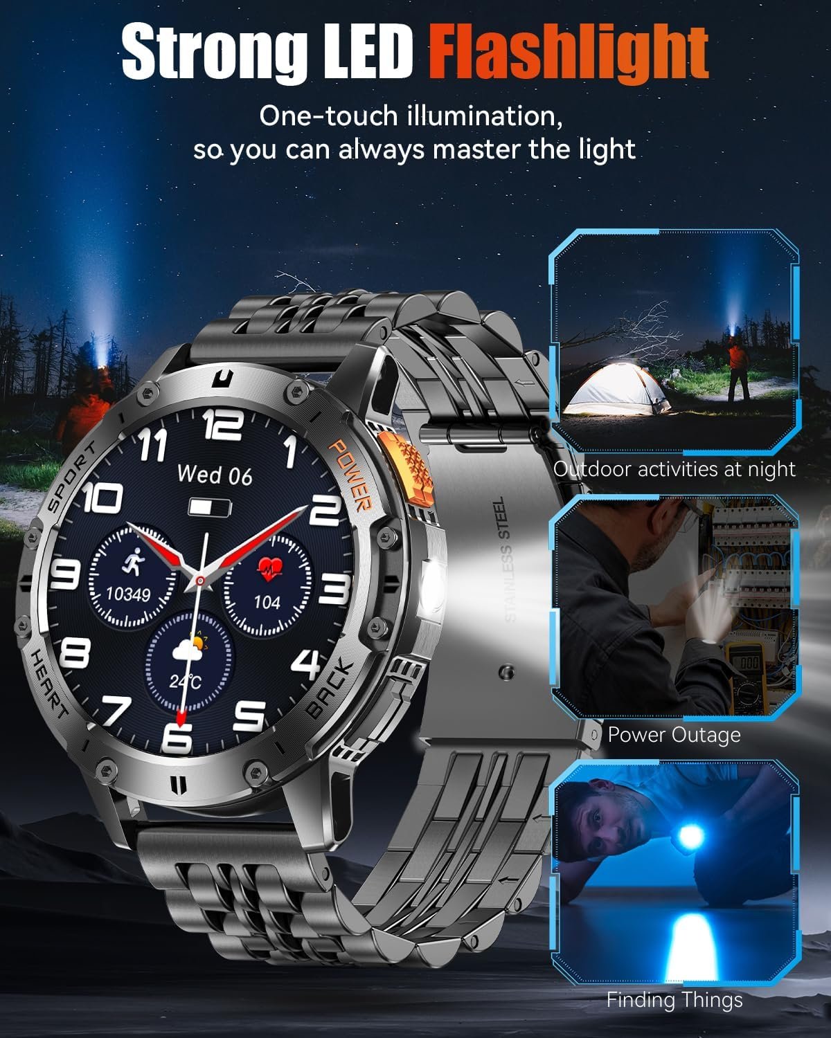Military Smart Watches for Men with Bluetooth Call, 1.43" AMOLED Waterproof Smartwatch with Flashlight, 111 Sport Modes, 530mAh Heart Rate/SpO2/Sleep Monitor Fitness Tracker for Android iOS - Image 5