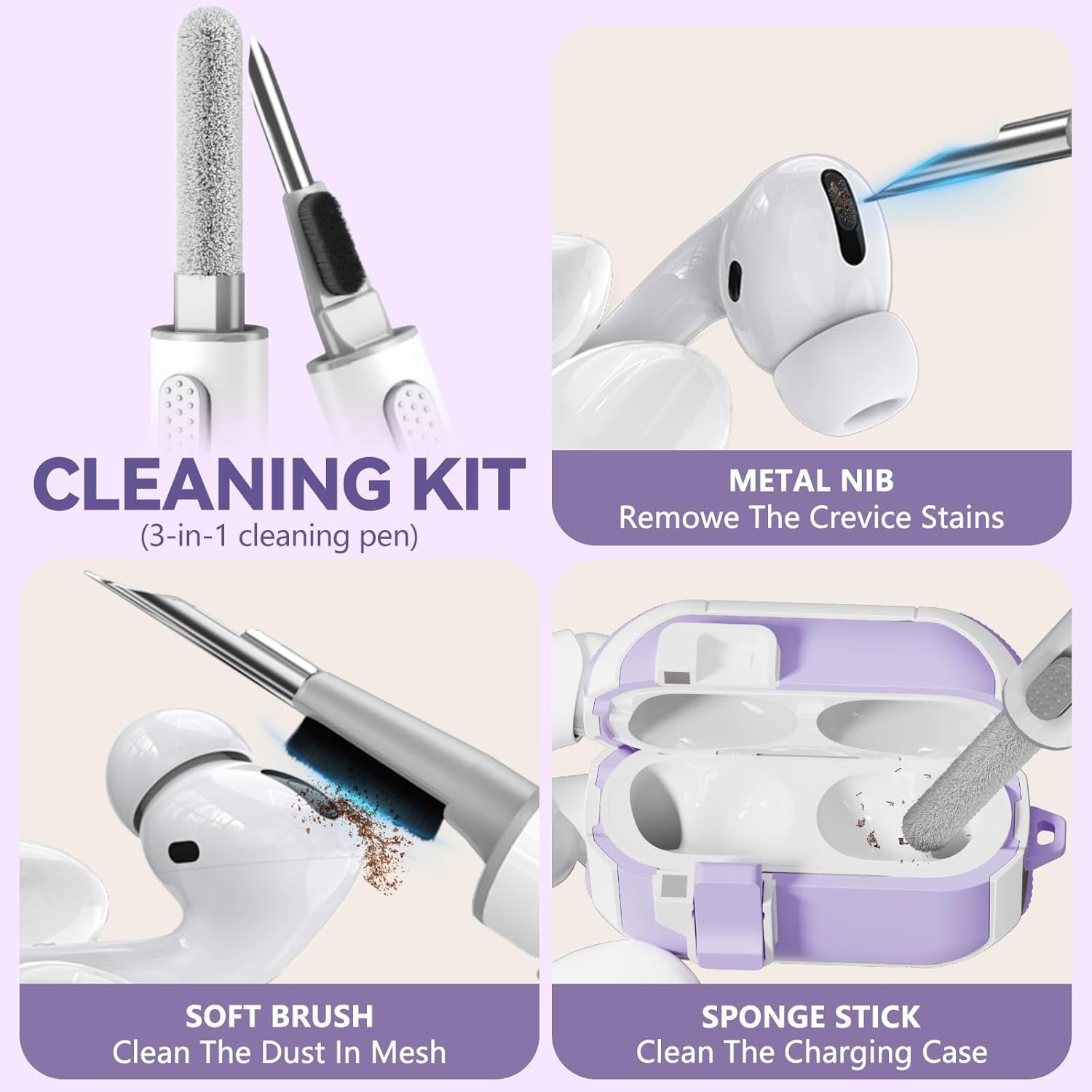 【with Safety Lock】 for AirPod Pro 2nd Generation Case with Cleaner Kit, Hard AirPod Pro Case with Keychain for Men Women Grily, for Apple AirPods Pro 2nd/1st Gen Case (2023 USB-C/2022/2019)-Purple - Image 7