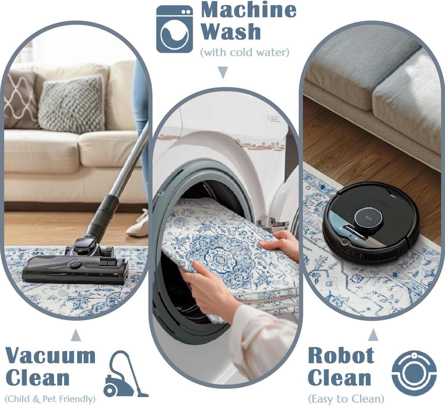 jinchan Area Rug 3x5 Medallion Floral Rug Washable Rug Accent Rug Floor Cover Non Slip Living Room Rug Vintage Rug Retro Thin Carpet Soft Rug for Bedroom Dining Room Kitchen Distressed Blue - Image 4