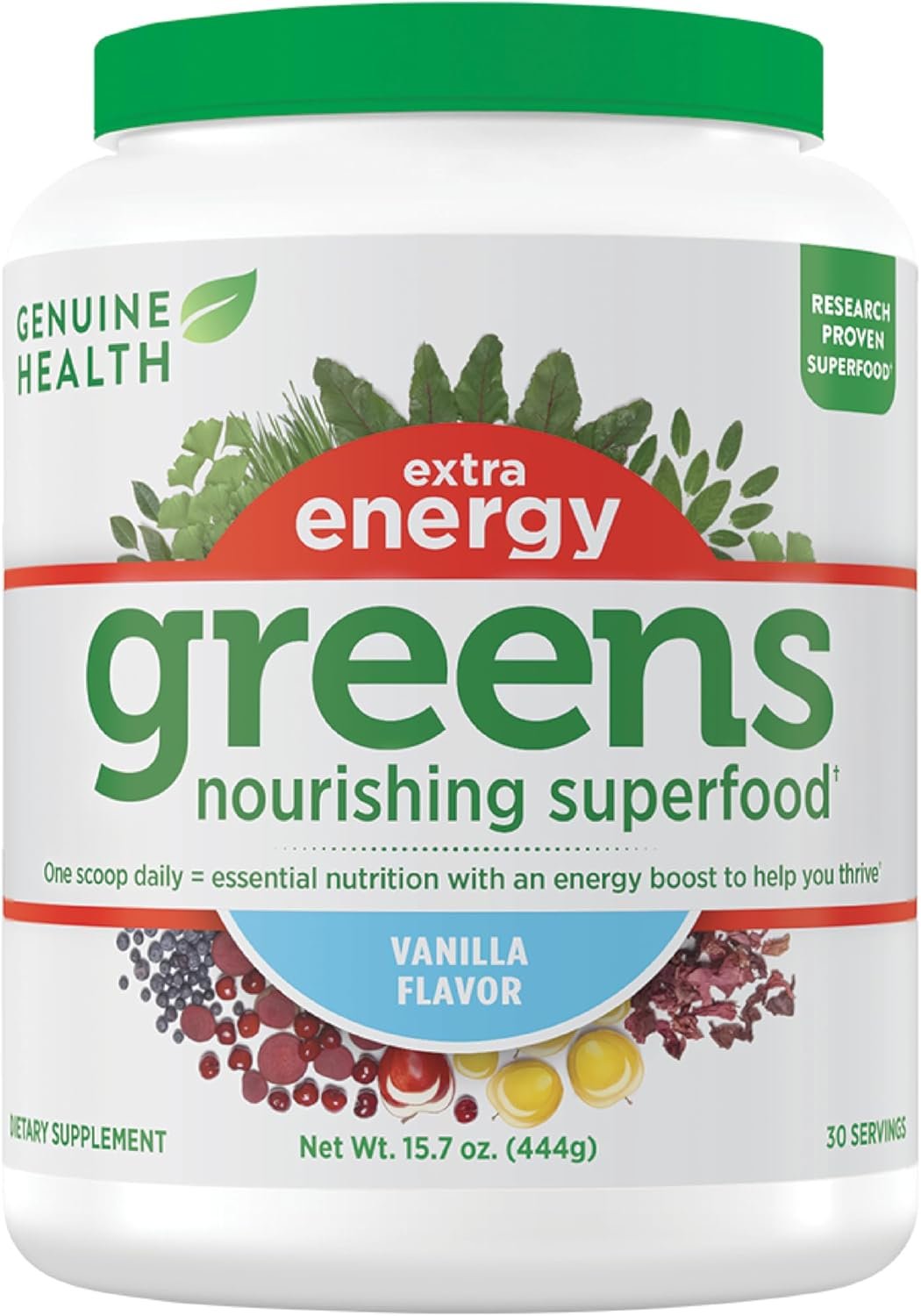 Genuine Health Greens + Extra Energy Superfood Powder, Provides an Immediate Energy Boost & Supports Gut Health, Vanilla Flavoured, 30 Servings - Image 2