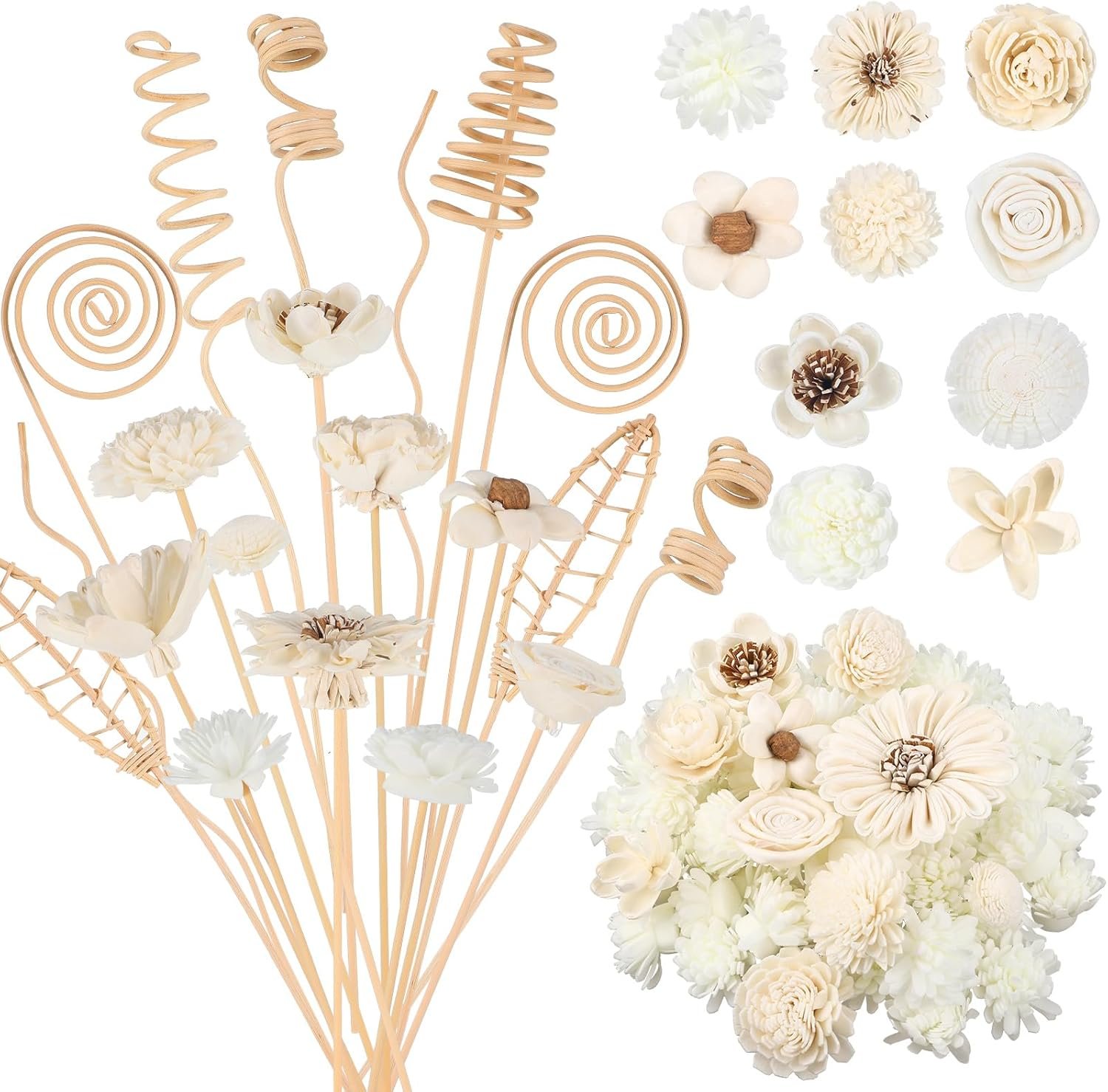 Cindeer 200 Pcs Reed Diffuser Sticks Set Include 10 Style 100 Pcs Natural Rattan Flower Reed 7 Style 100 Pcs Mixed Fragrance Diffuser Rattan Reed Fragrance Diffuser Replacement for Home Fragrance - Image 2