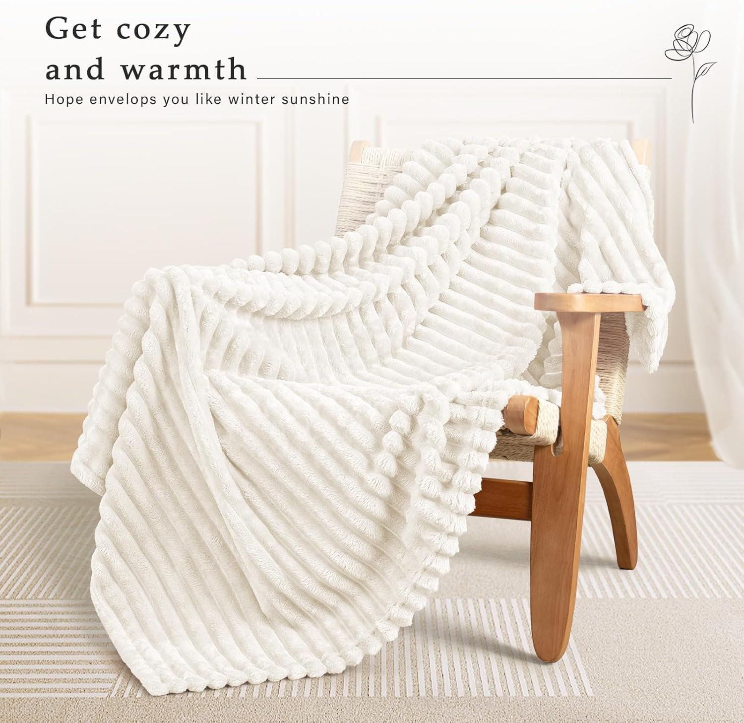 Exclusivo Mezcla Fleece Throw Blanket for Couch, Super Soft 3D Striped Jacquard Bed Blanket, Lightweight Fuzzy Cozy Blankets for All Seasons, 50x60 Inches, Ivory Blanket - Image 4