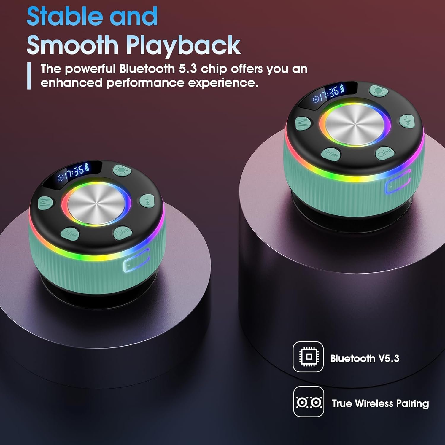 Bluetooth Shower Speaker, Portable Bluetooth 5.3 Speakers Wireless with Time Display, IP7 Waterproof Speaker with RGB Lights, Stereo Bass, Suction Cup, Mini Speaker for Bathroom Party Outdoor, Green - Image 7