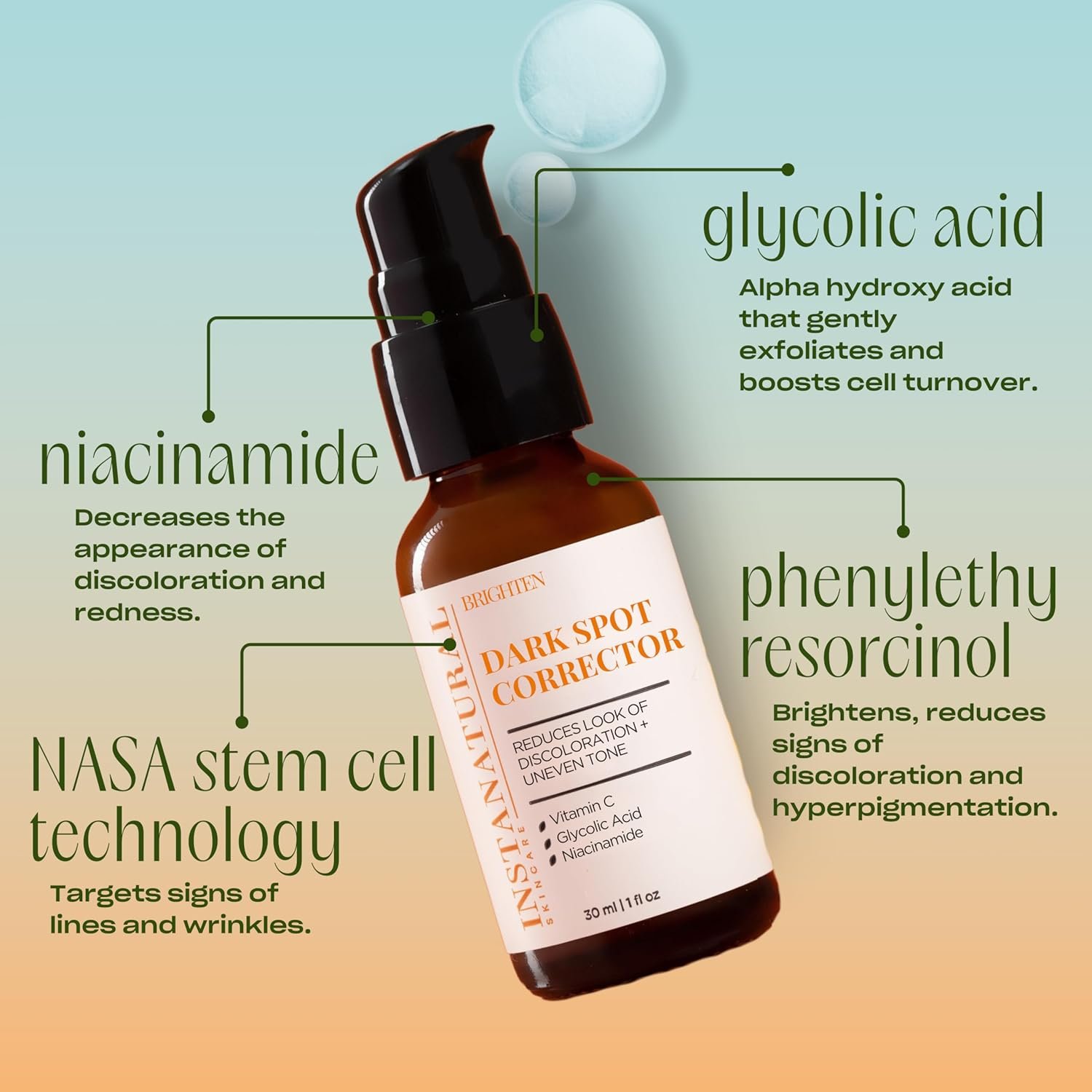 InstaNatural Dark Spot Corrector Face Serum, Brightens, Reduces Hyperpigmentation, Sun Spots and Acne Scarring, with Glycolic Acid and Niacinamide, 1 Fl Oz - Image 4