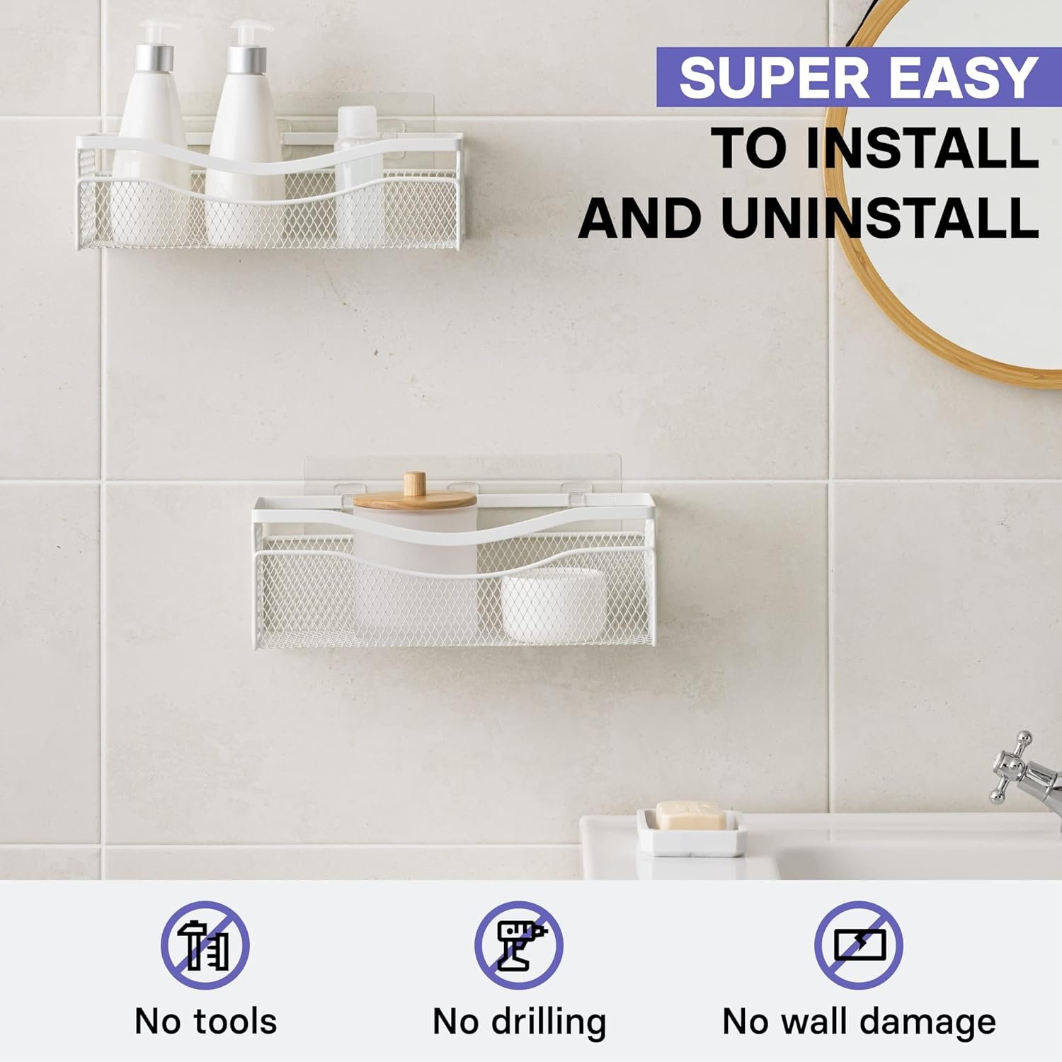 KINCMAX Mesh Shower Caddy (2-Pack), Rustproof Stainless Steel, Adhesive Wall Mount Baskets with Hooks, Mesh Design (Matta White) - Image 3