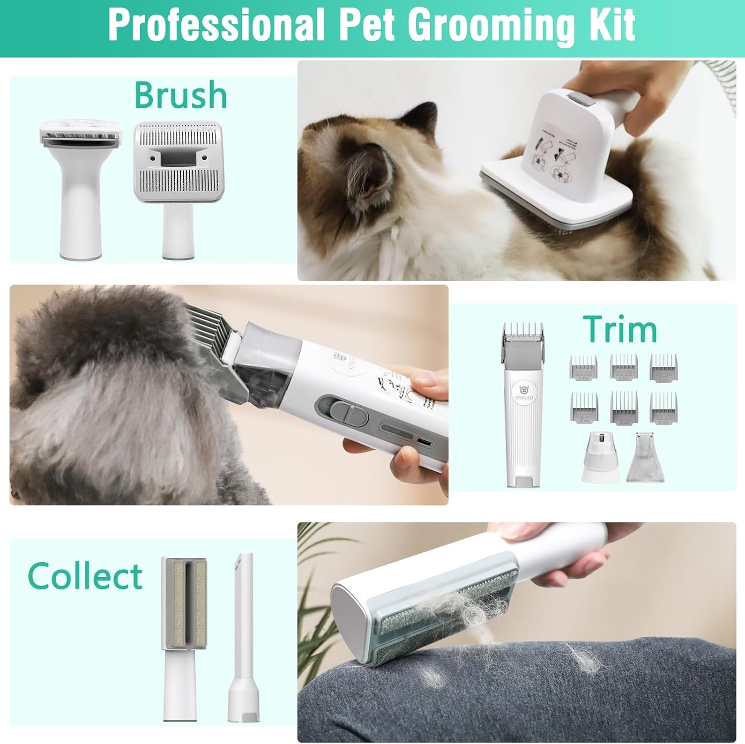 SISIGAD Dog Grooming Kit,Pet Hair Vacuum,Dog Grooming & Low Noise Hair Vacuum,Professional Clippers Nail Trimmer Grinder,7 Pet Grooming Tools for Dogs Cats and Other Animals - Image 6