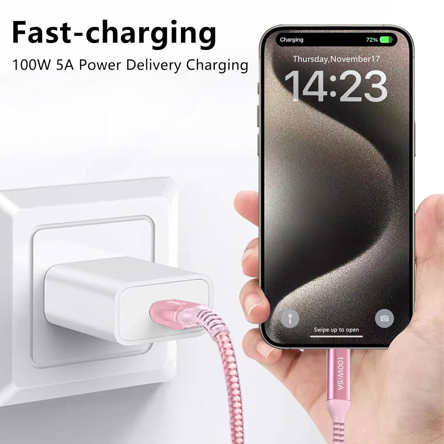 100W USB C Cable 10ft Pink,Long USB-C to USB-C,Awnuwuy USB Type C to C Fast Charging Cord Compatible with iPhone 15/15 Pro/15 Plus/15 Pro Max,iPad Pro,iPad Air 4,Samsung Galaxy S23 S22 S21,MacBook Pro - Image 4