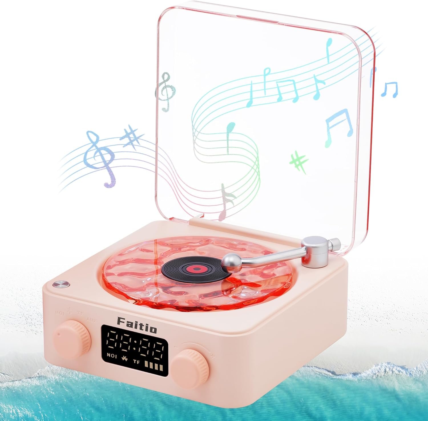 Waves Vinyl Bluetooth Speaker, Vinyl Record Player Style Speaker with Ocean Sound White Noise, Retro Bluetooth Speaker with Ambient Light, Mini Record Player Cute Speaker, Pink - Image 2