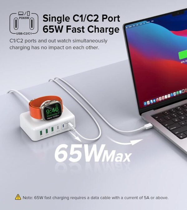 170W USB C Charging Station Block, Travel Charger for Multiple Devices, USB C Charger Plug for iPhone 16 15 14 13 12 Series, Apple Watch Ultra SE 10 9 8 7 6 5 4 3 2, AirPods, MacBook Pro Air, iPad - Image 6