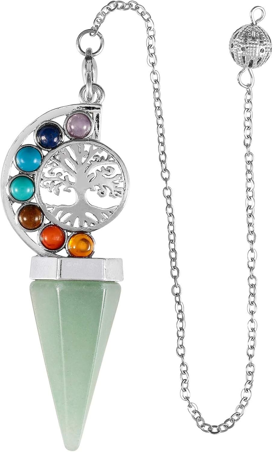 SUNYIK 7 Chakra Tree of Life Crystal Pointed Pendulum, Facted Healing Crystal Stone Pendulum for Dowsing and Divination, Green Aventurine - Image 2