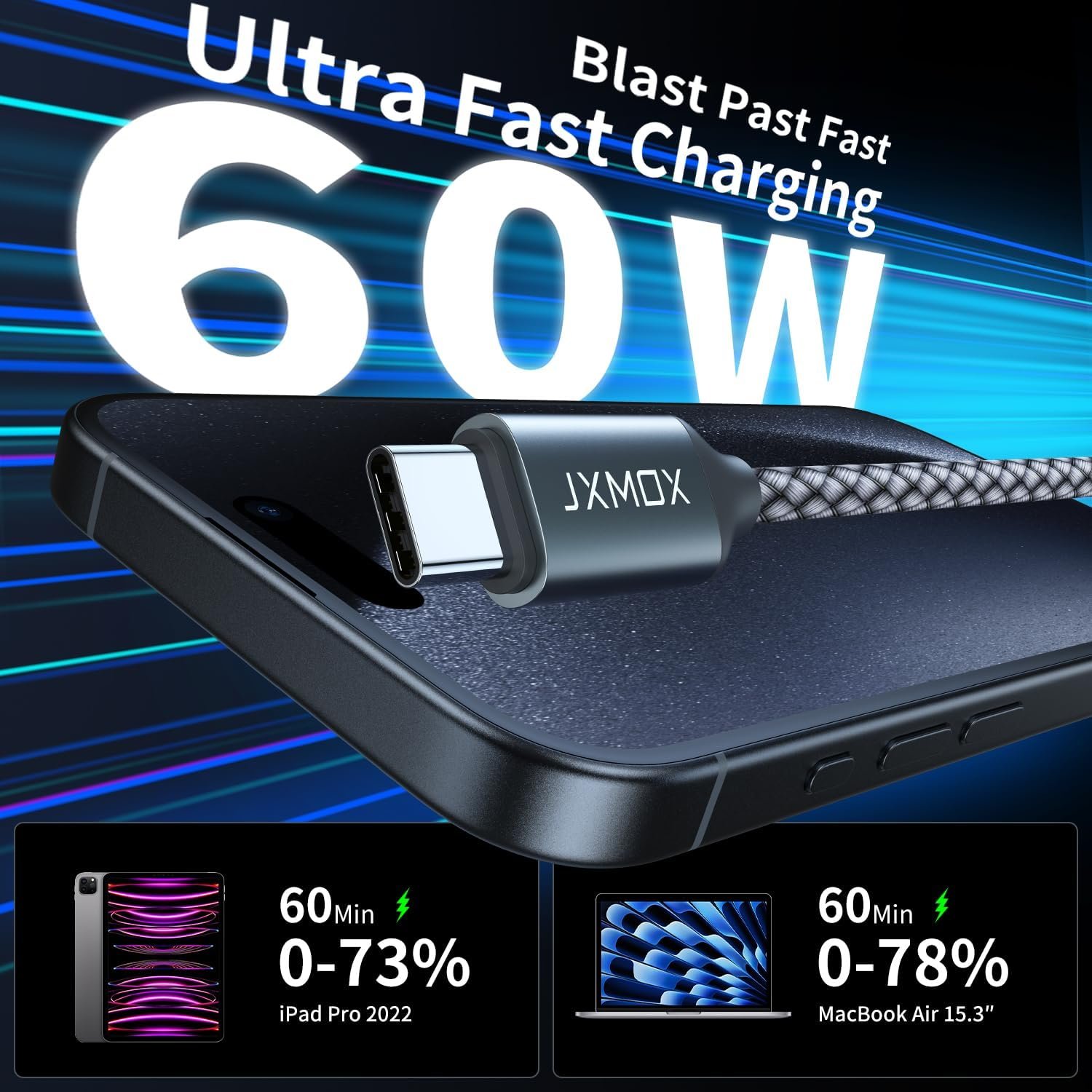 JXMOX USB C to USB C Cable,Braided USB C Charger Cable (3.3ft, 2 Pack) 60W Fast Charging Cord for iPhone 16 Pro Max/15 Pro Max Plus,MacBook Pro,iPad Pro,Samsung Galaxy S24 S23 S22 S21 Ultra,Pixel 4 5 - Image 3