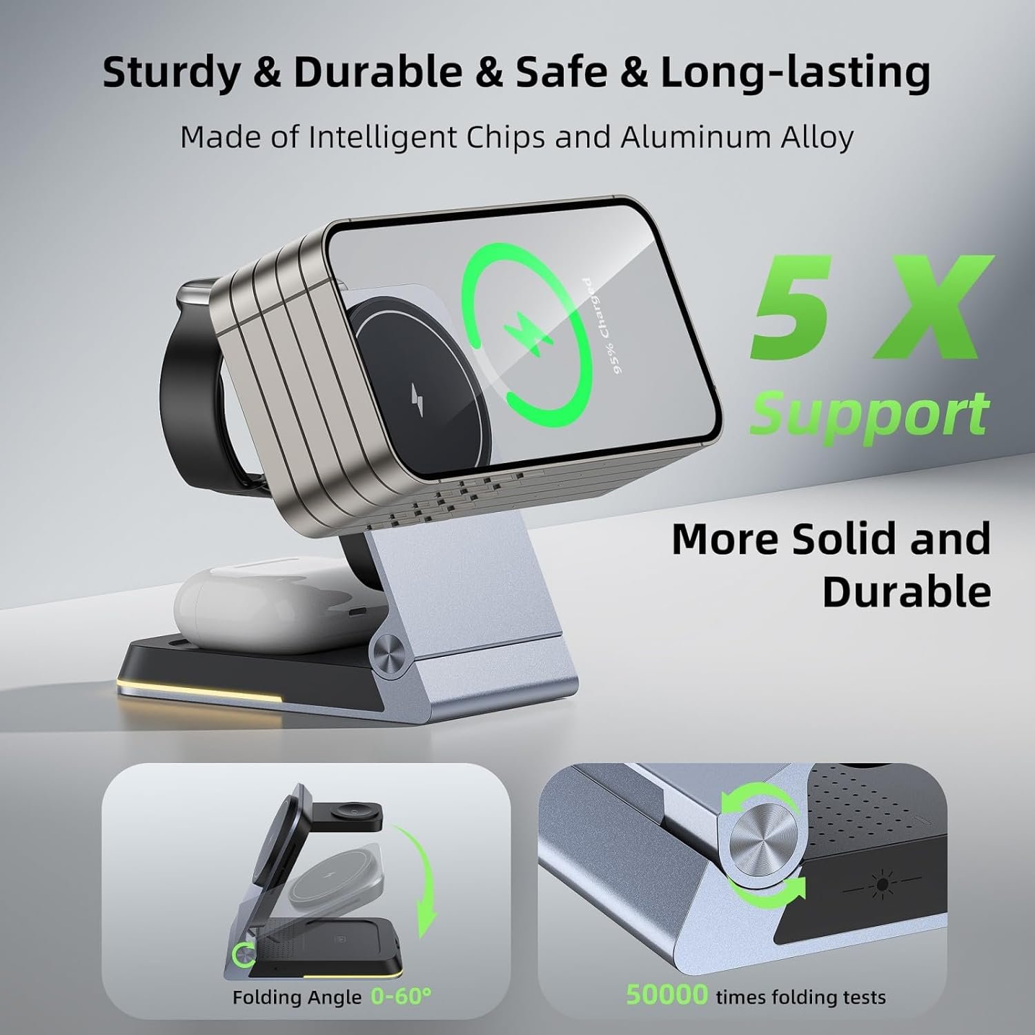 Foldable 3 in 1 Wireless Charging Station for Apple Magsafe Mutiple Devices-15W Fast Magnetic Wireless Charger Stand Dock for iPhone,Airpod,Apple Watch,Aluminum Portable Travel Charger with Nightlight - Image 5