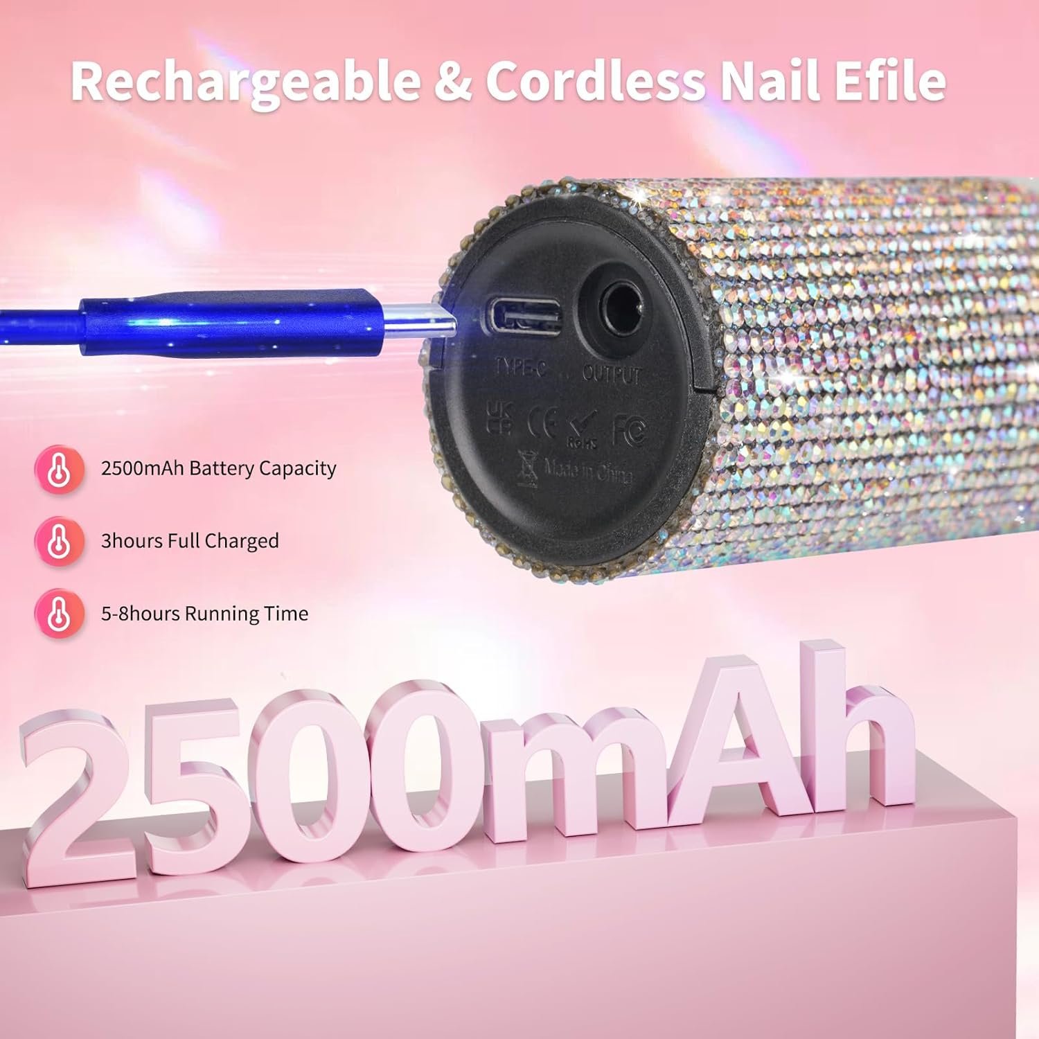 Electric Portable Nail Drill Kit, Lavinda 35000RPM Professional Nail Drill Machine with Coreless Motor for Acrylic Gel Nails, Cordless Rechargeable Manicure/Pedicure/Polishing Tool, Crystal Diamond - Image 4