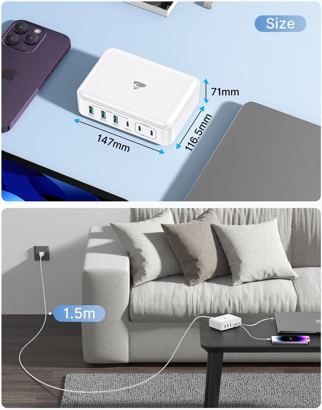 USB C Charger Block, 165W GaN 6 Port USB C Charging Station PD USB C and QC USB A Wall Charger Power Adapter Plug Cube, Fast USB C Charger for iPhone 15 14 Pro Max, MacBook Pro, iPad, Samsung S24/23 - Image 8