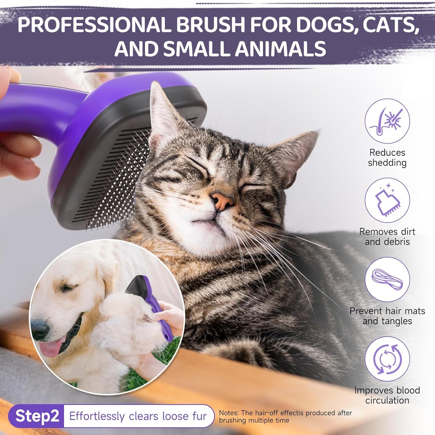 Dog Brush Kit – 3 PCS Grooming Set with Self-Cleaning Brush, Undercoat Rake & Pet Bath Brush. Great for Shedding, Tangles & Dirt Removal – Ideal for Long & Short Haired Dogs & Cats, Purple - Image 5