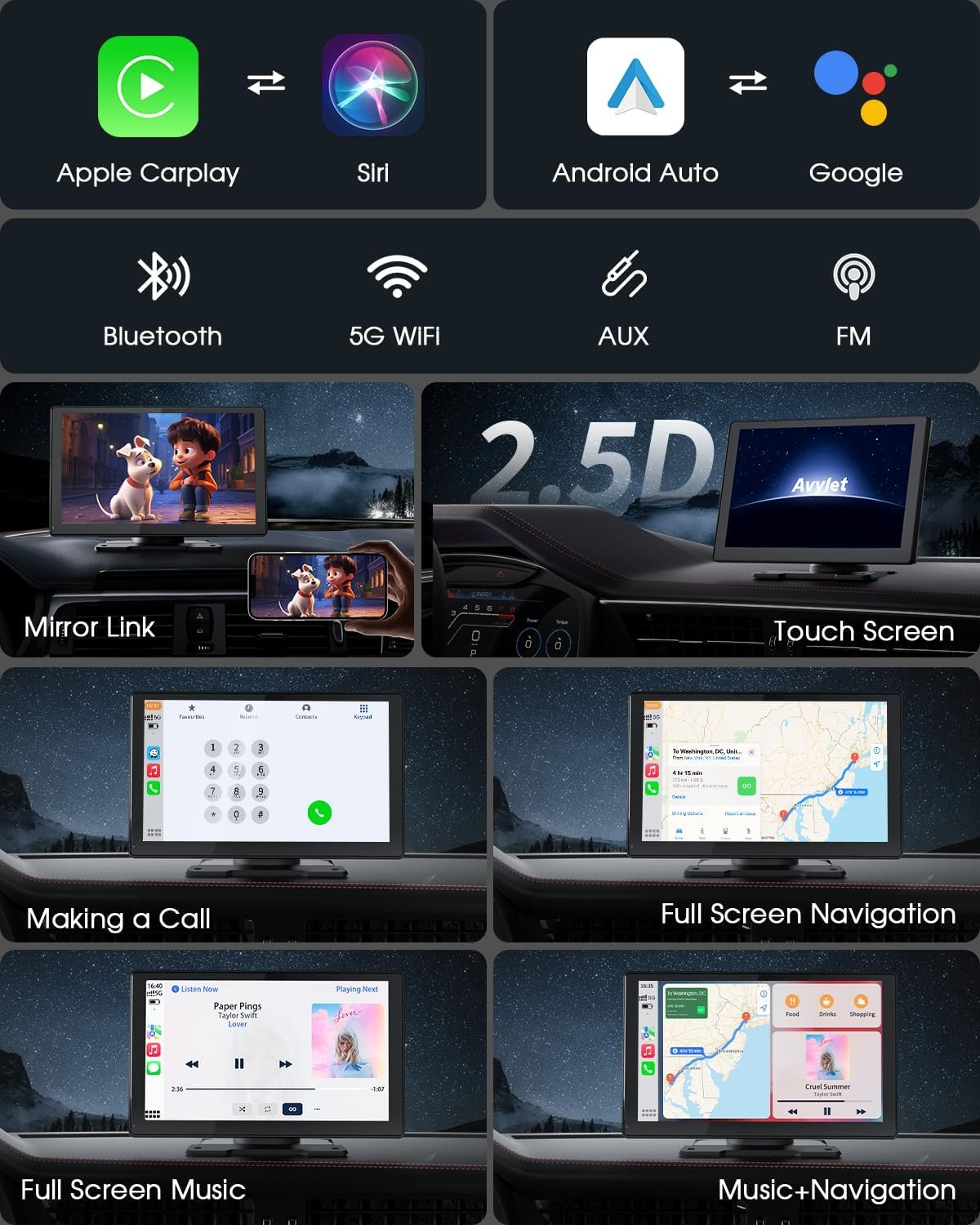 9'' Wireless Apple Carplay Screen for Car & Android Auto with 4K Dash Cam, Portable Car Stereo, 1080P Backup Camera, GPS Navigation, Car Audio Receivers Bluetooth, Mirror Link, Voice Control - Image 3
