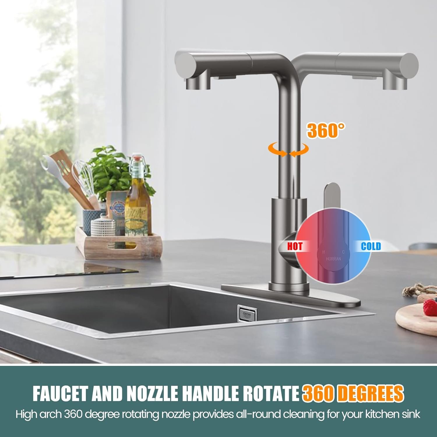 Kitchen Faucets, Brushed Grey Kitchen Faucet with Pull Down Sprayer and Deck Plate, Stainless Steel Commercial Utility Kitchen Faucets for Sink 3 Hole for Bar Rv Camper Laundry Outdoor Farmhouse Sink - Image 5
