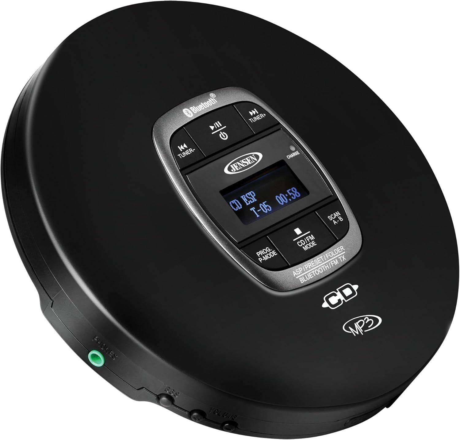 Jensen Professional Portable CD Player with Bluetooth | CD-R/RW MP3 Playback | FM Radio | Mega Bass Boost | Pro in-Ear Wired Earbuds | (Matte Black Edition) - Image 3