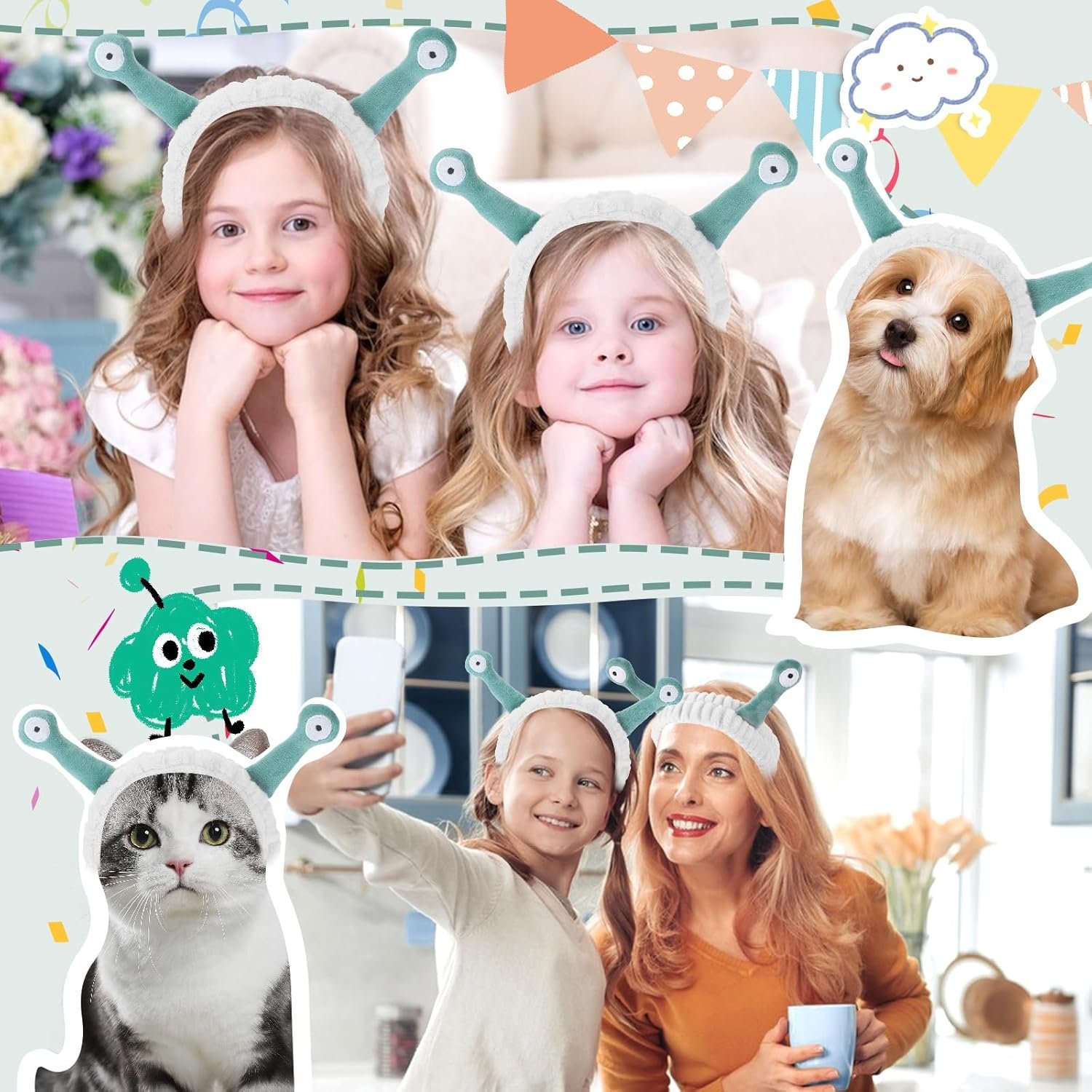 Face Wash Headband, Palm and Snail Spa Hair Bands Makeup Headbands Women Cartoon Cute Coral Fleece Elastic Headband Creative Hair Accessories for Washing Face Shower Sports (White) - Image 8