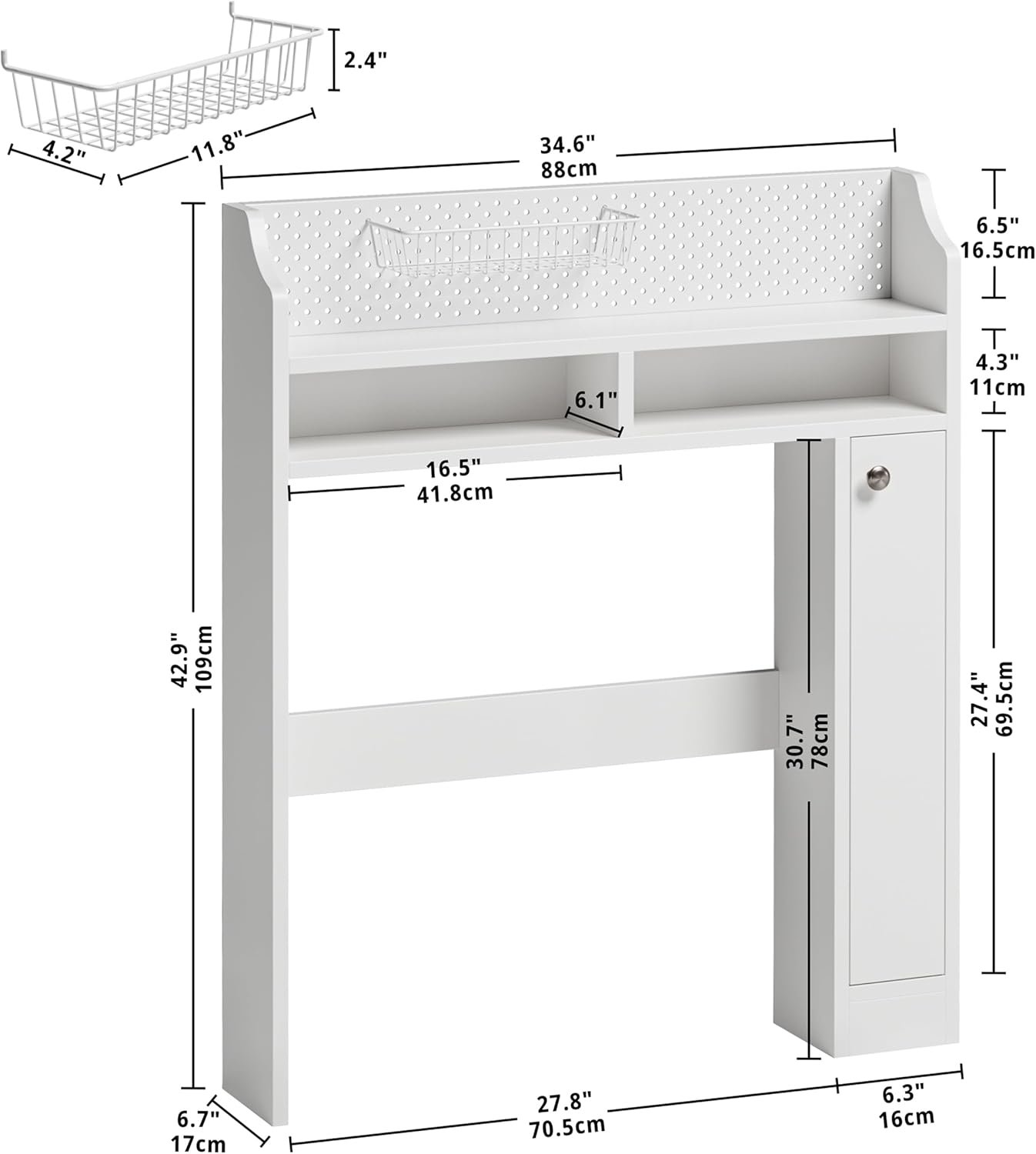 IRONCK Over The Toilet Storage Cabinet, Freestanding Bathroom Organizer with Door Cabinet & Open Shelves, Space-Saving Toilet Rack with Metal Pegboard and Wire Basket for Bathroom, Laundry Room, White - Image 4