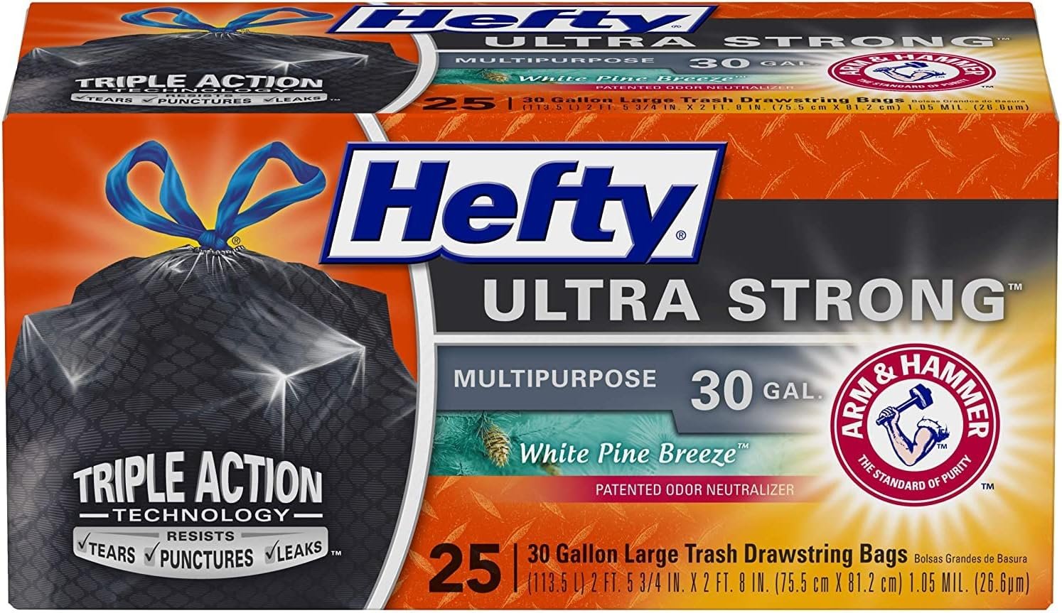 Hefty Ultra Strong Multipurpose Trash Bags, Black Large Flexible Bags with Drawstring, White Pine Breeze Scent, 30 Gallon Bags, 25 CT Bags Per Pack (Pack of 4) - Image 3