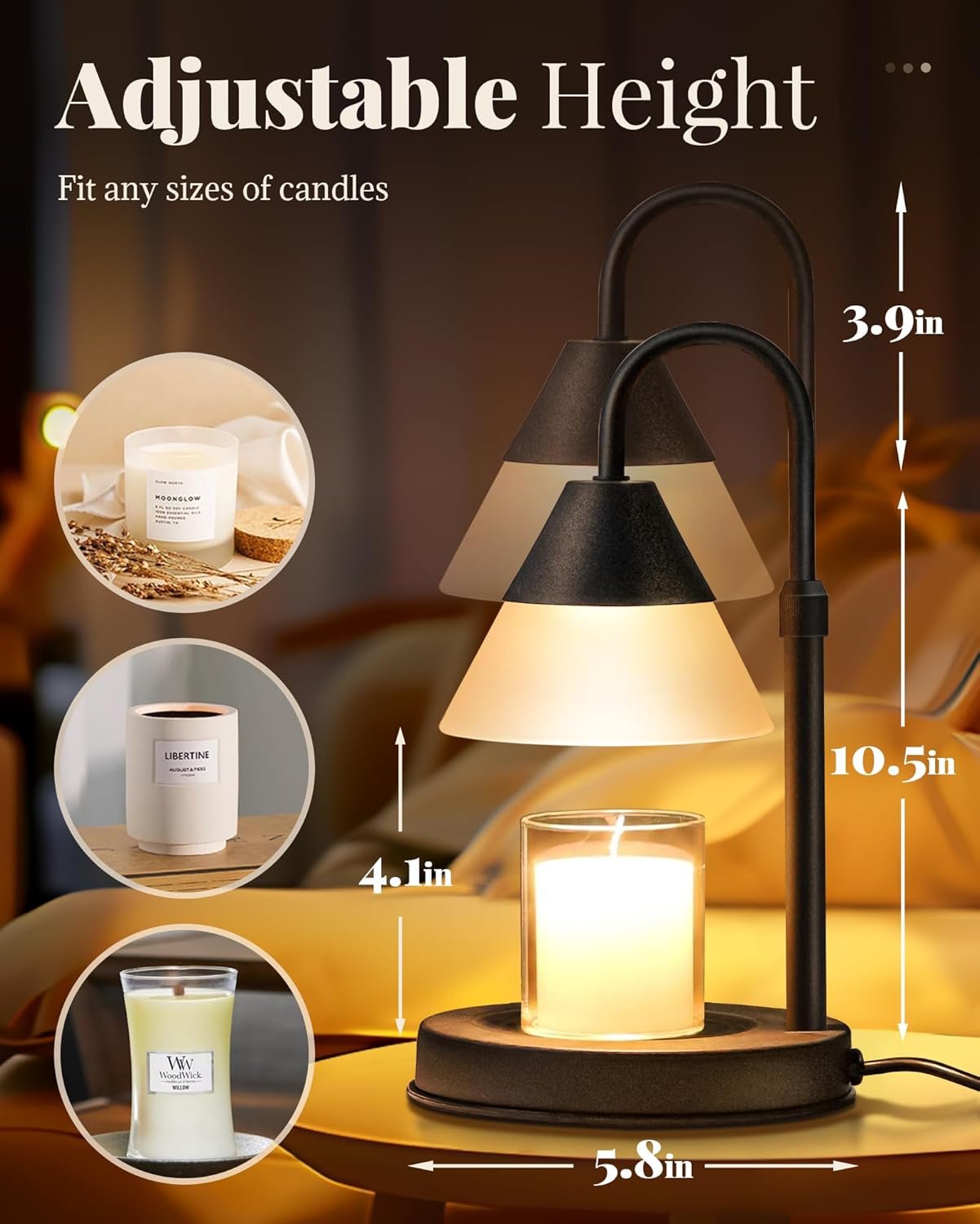 Dimmable Candle Warmer Lamp with Timer, Adjustable Candle Lamp Warmer for Bedroom Living Room Home Decor, Modern Electric Candle Warmers Christmas Birthday Gifts for Women Men, Black - Image 6