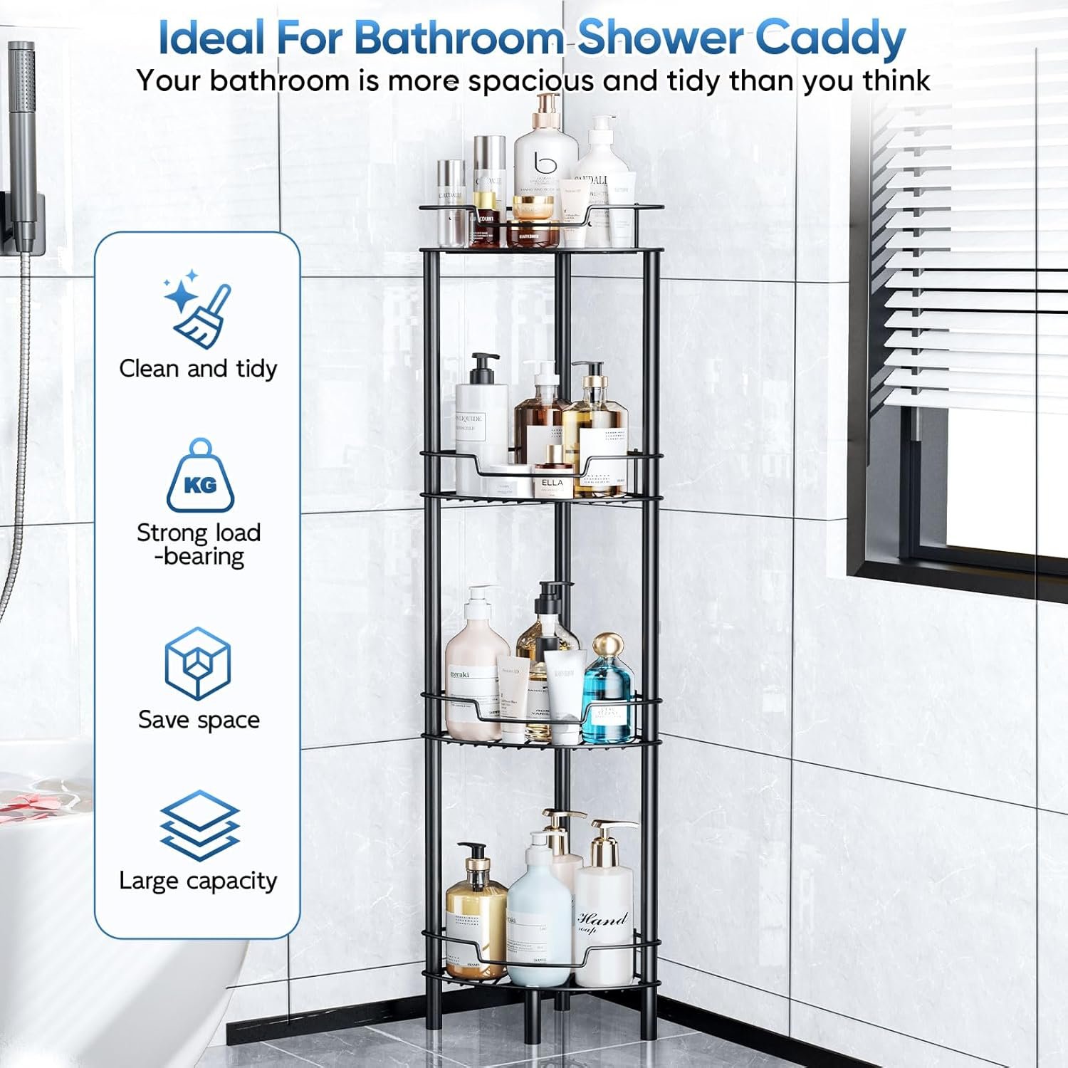 Corner Shower Caddy, 4 Tier Rustproof Shower Organizer Shelf for Bathroom Shampoo Storage, Waterproof Stainless Steel Floor Corner Stand Rack for Bathroom Balcony Kitchen, No Drilling, Black… - Image 4