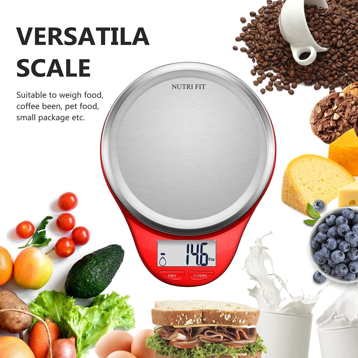 NUTRI FIT Digital Kitchen Scale with Wide Stainless Steel Plateform High Accuracy Multifunction Food Scale with LCD Display for Baking Kitchen Cooking,Tare & Auto Off Function (Red) - Image 8