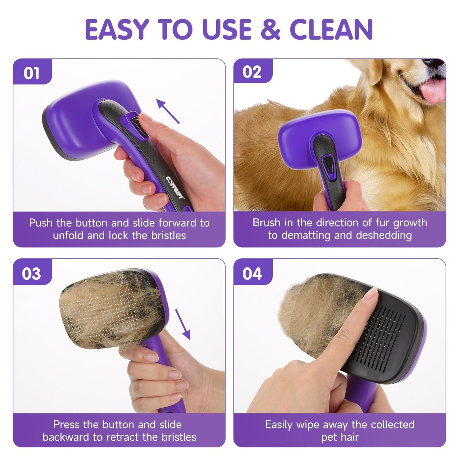 Dog Brush Kit – 3 PCS Grooming Set with Self-Cleaning Brush, Undercoat Rake & Pet Bath Brush. Great for Shedding, Tangles & Dirt Removal – Ideal for Long & Short Haired Dogs & Cats, Purple - Image 8