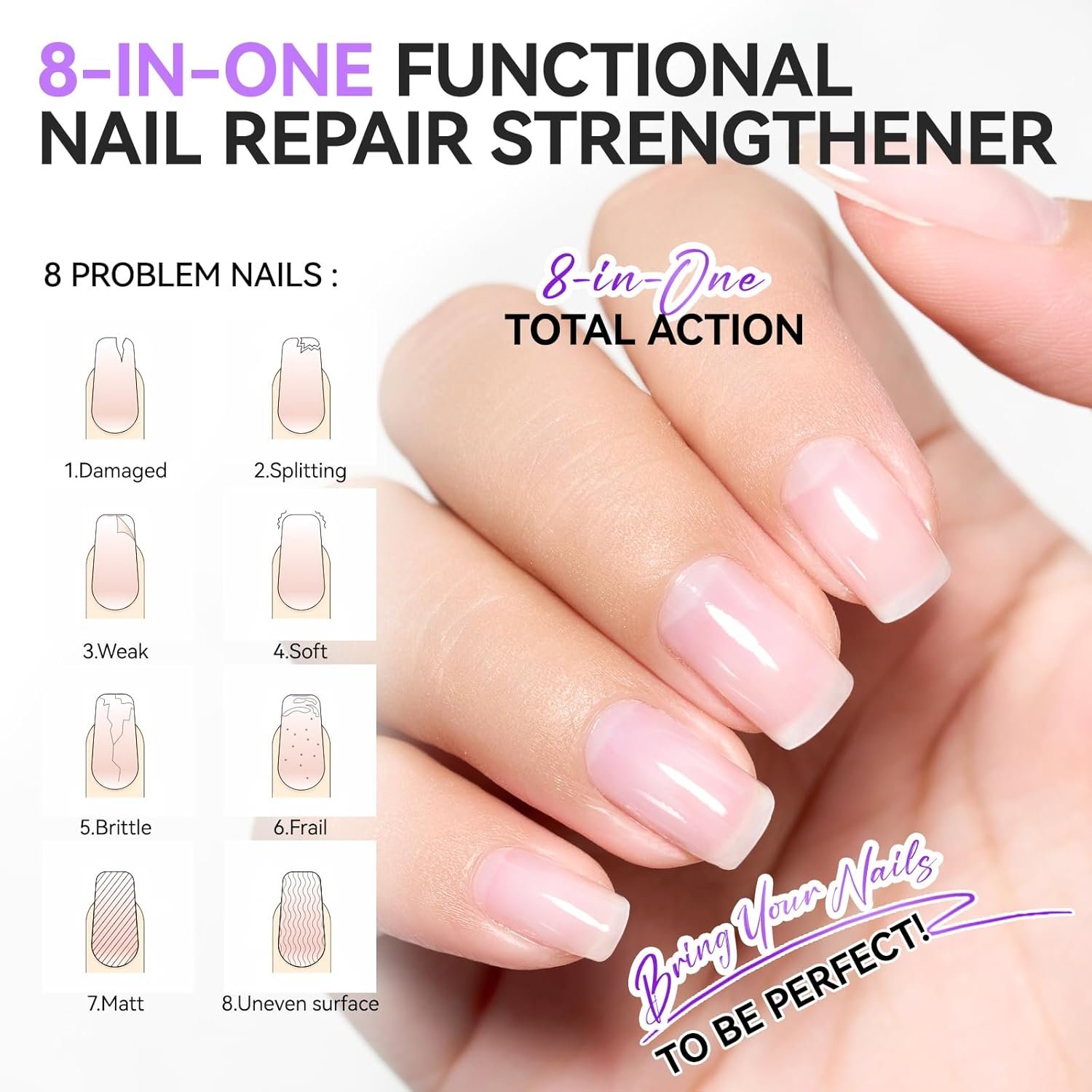Nail Strengthener Protein for Damaged Nails: Gelike EC 8 in 1 Natural Nail Hardener Extra Strong and Growth - Long Lasting Nail Repair for Damaged Nails - Nail Growth Oil for Daily Work Home Salon - Image 4