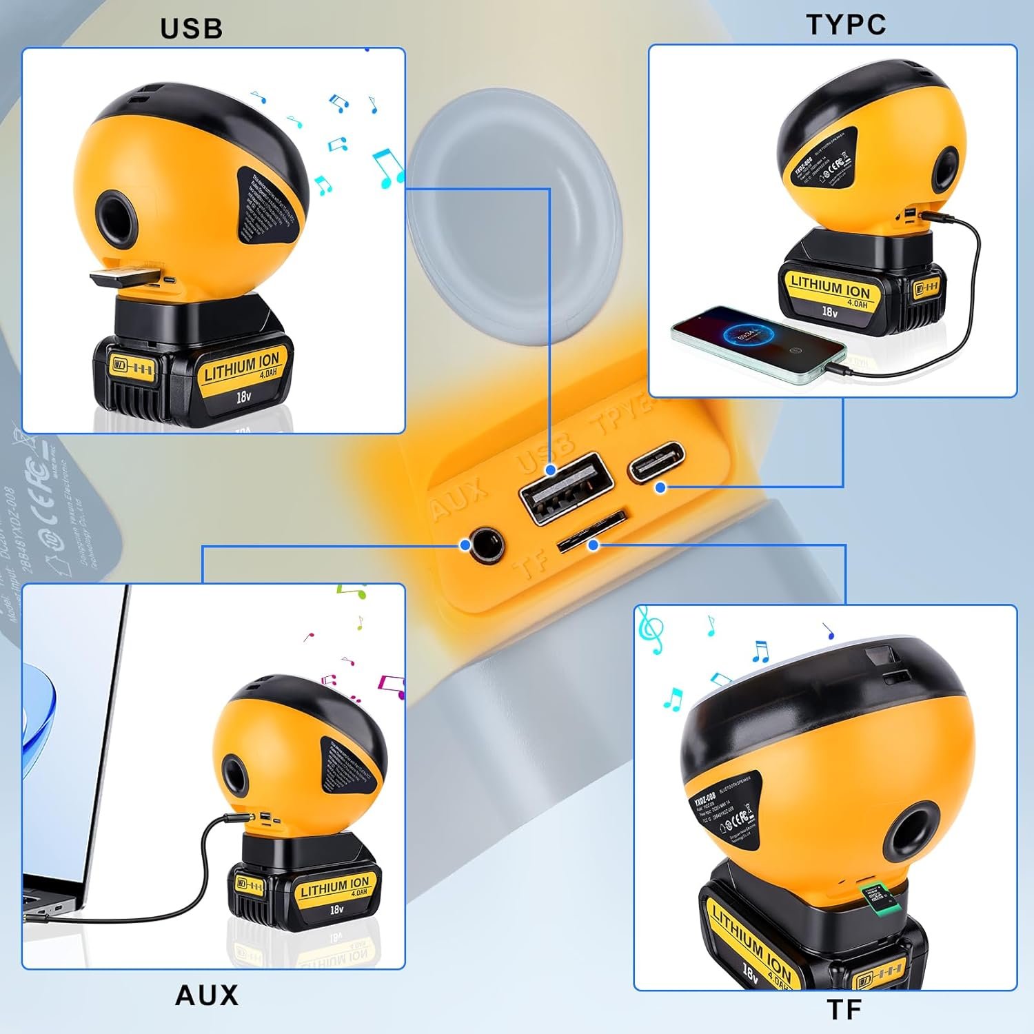 Bluetooth Speakers for Dewalt 20V Max Battery,Portable Speaker Wireless with HD Sound,BT5.3,TWS Pairing,Dynamic RGB Color,52 ft Range for Jobsites,Outdoor,Home Party,Camping - Image 6