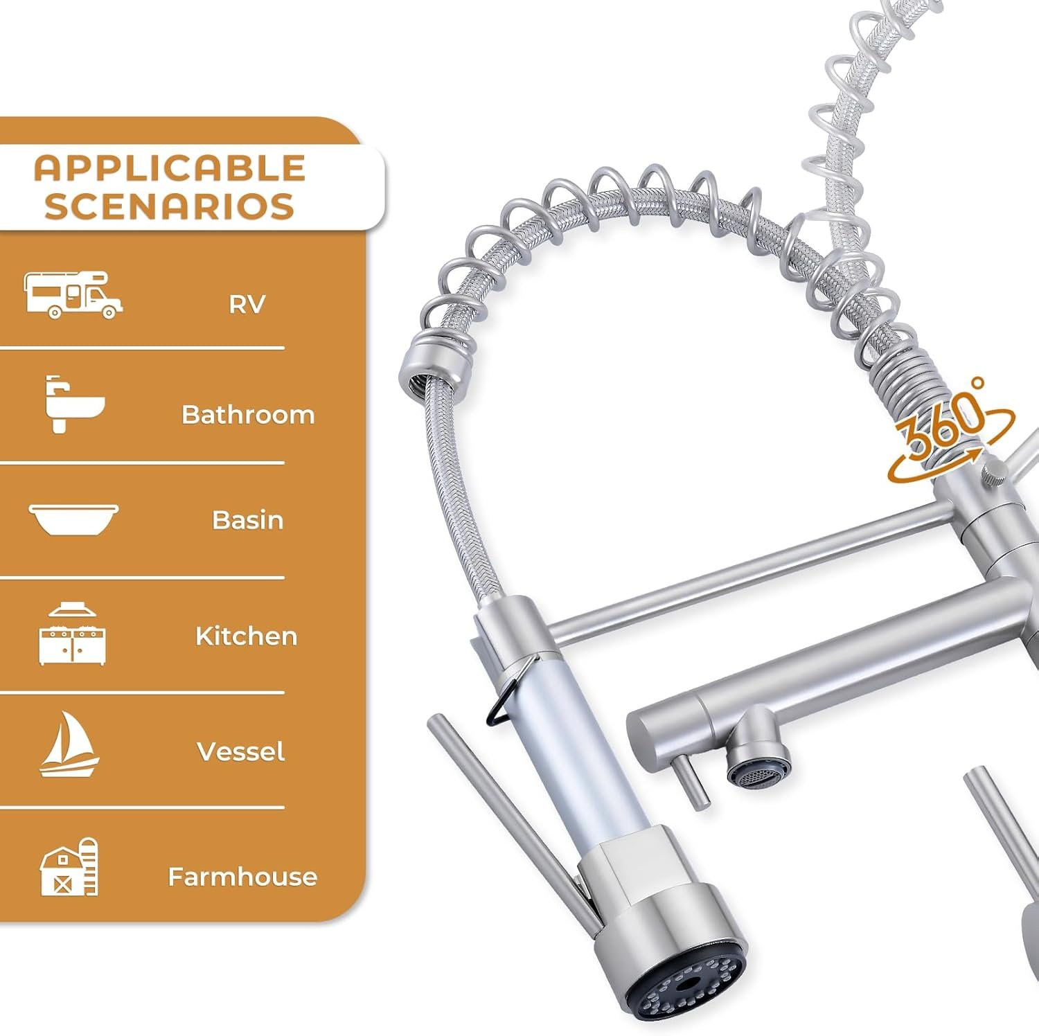 AKL Commercial Dual Spout Kitchen Faucet, Single Handle Spring Kitchen Faucets with Pull Down Sprayer, Stainless Steel Kitchen Sink Faucet with Deck Plate, Brushed Nickel - Image 8