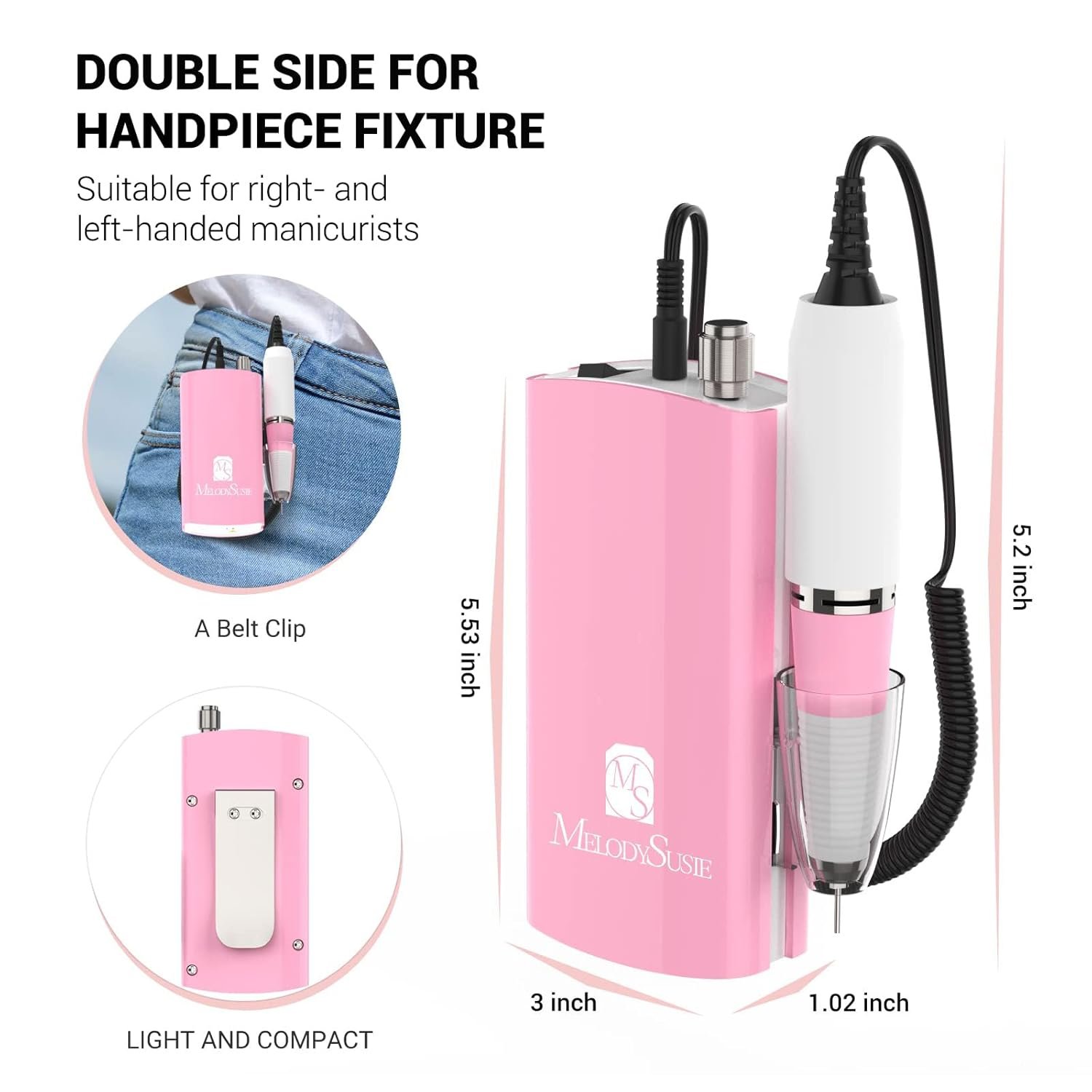 MelodySusie Professional SC300I Electric Nail Drill, 30000 RPM Rechargeable Portable Nail Drills, Cordless Electric Nail File Machine with 6 Bits and 106 Sanding Bands , Pink - Image 5