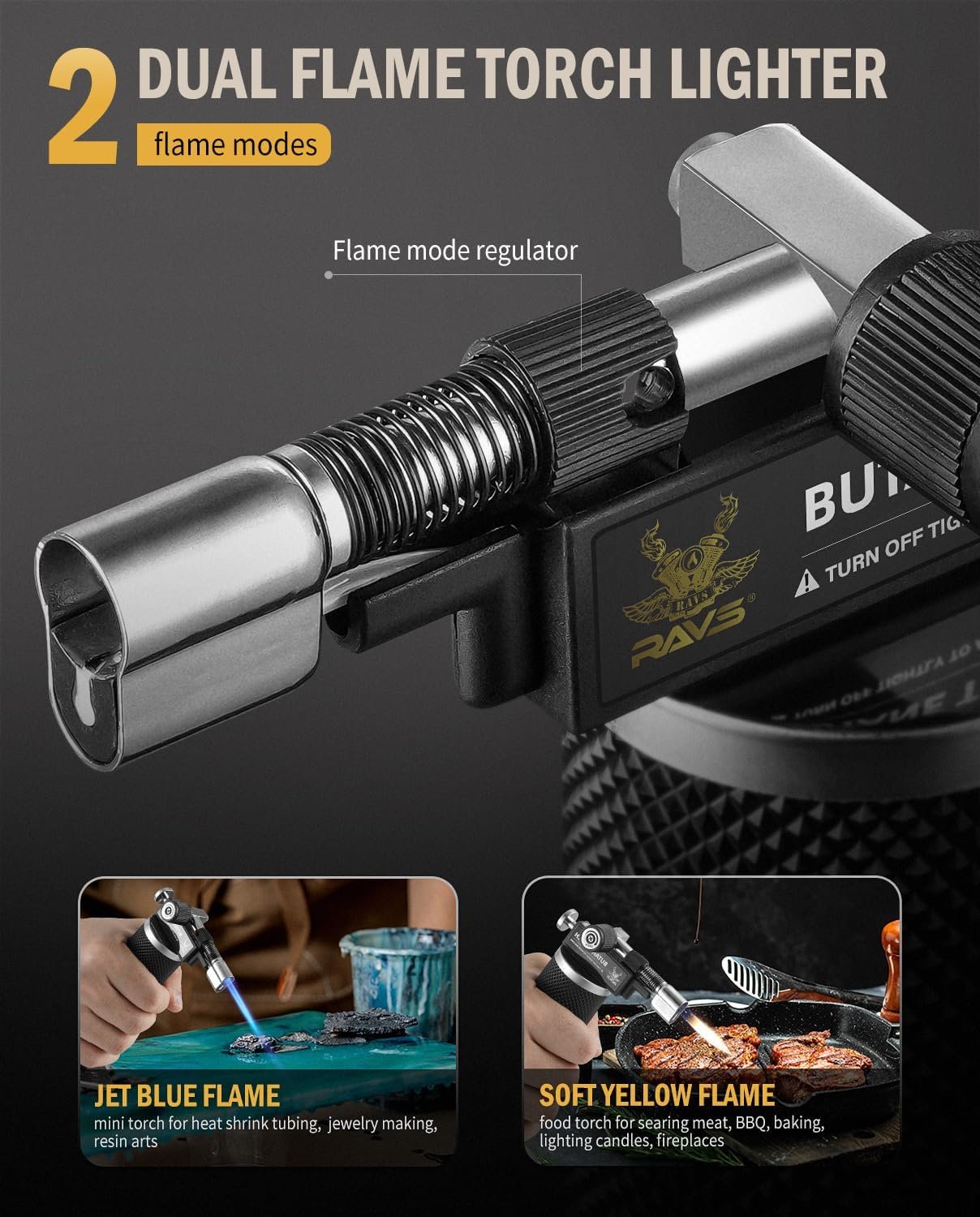 RAVS Butane Torch Lighter, DUAL Flame Mode Kitchen Torch, Refillable Cooking Torch Gun, Creme Brulee Torch Lighter, Blow Torch for Cooking, Welding, Mini Torch Soldering Torch, Butane is Not Included - Image 3