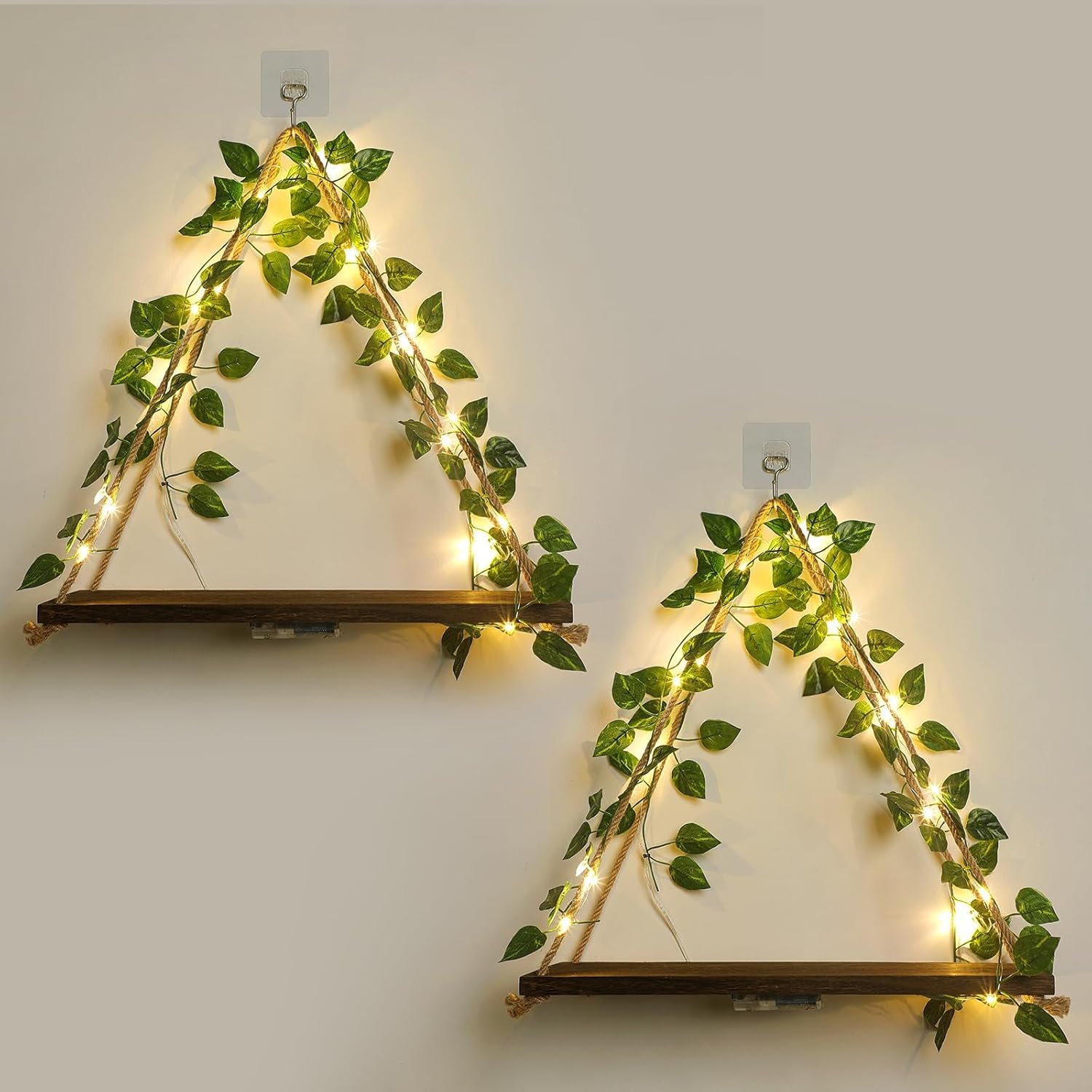 Floating Shelves,Plant Wall Decor,Wall Shelf,No Drill Shelves,Decorative Leaves and Light Strip,Set of 2 Plant Shelf Wall,Christmas Day for Decorating Room(Green Leaf) - Image 2