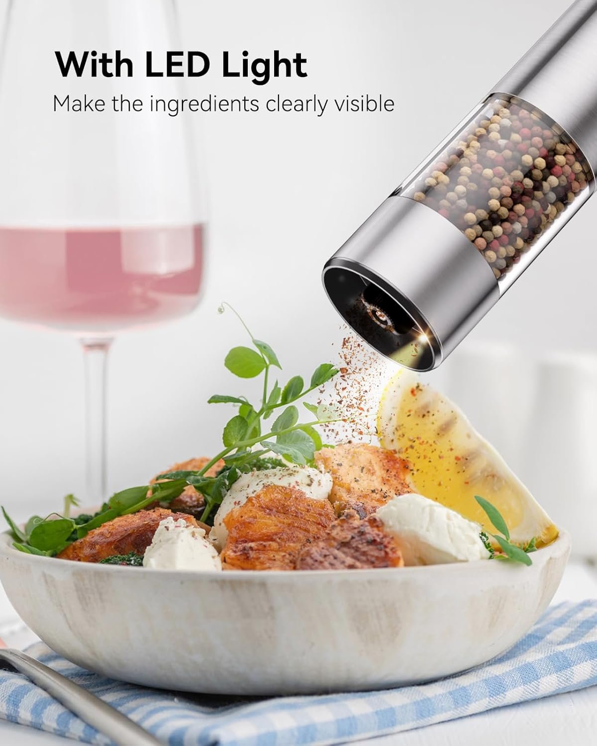 Electric Salt or Pepper Grinder Set Rechargeable with LED lights - Stainless Steel Automatic Pepper or Salt Grinder Refillable with 6 Adjustable Coarseness - Image 6