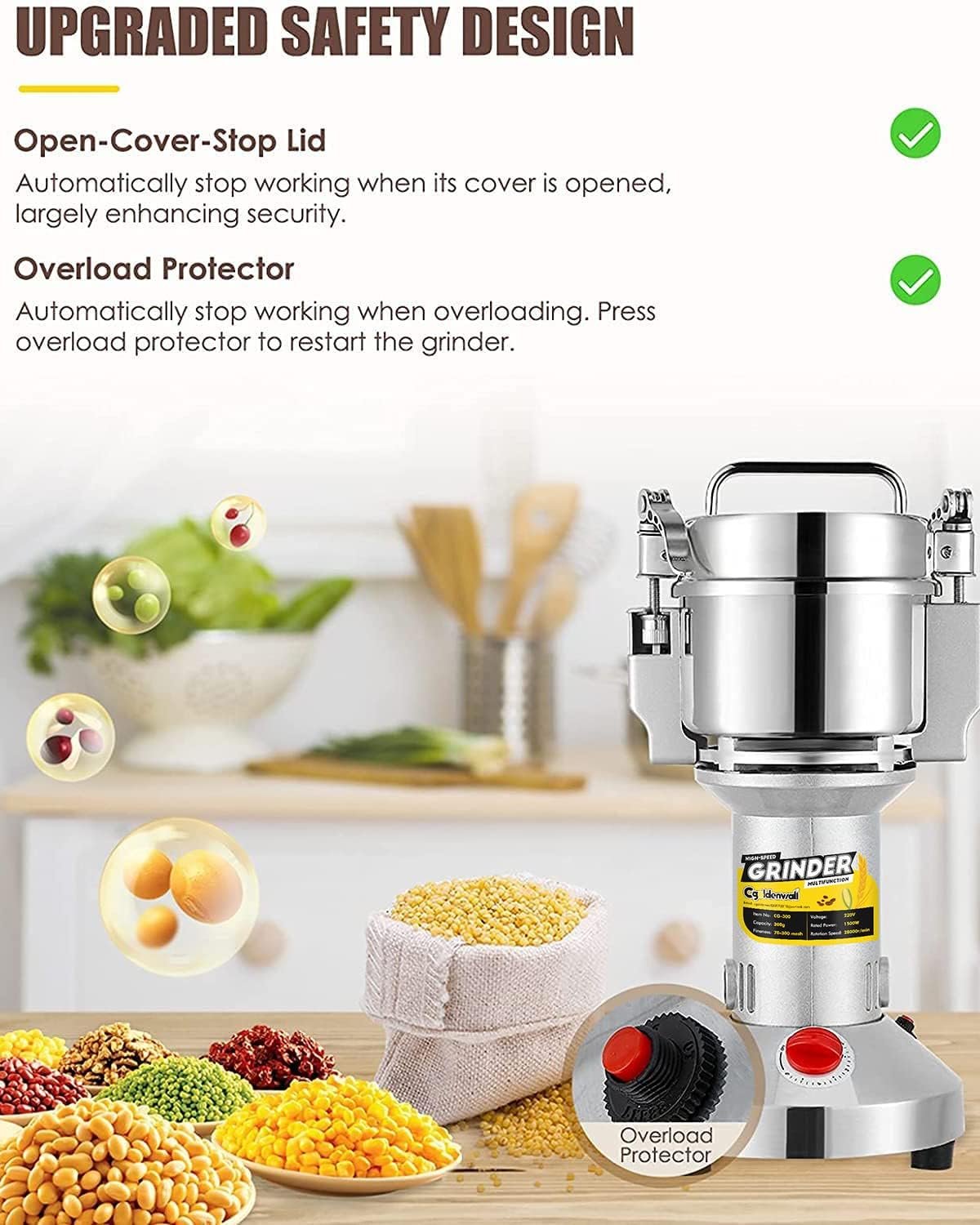 CGOLDENWALL Safety Upgraded Electric Grain Grinder Mill High-speed Dry Spice Herb Mill Grinding Machine with 2400W Commercial Motor Overload Protection CE 110V (700g Hand-held Type) - Image 3