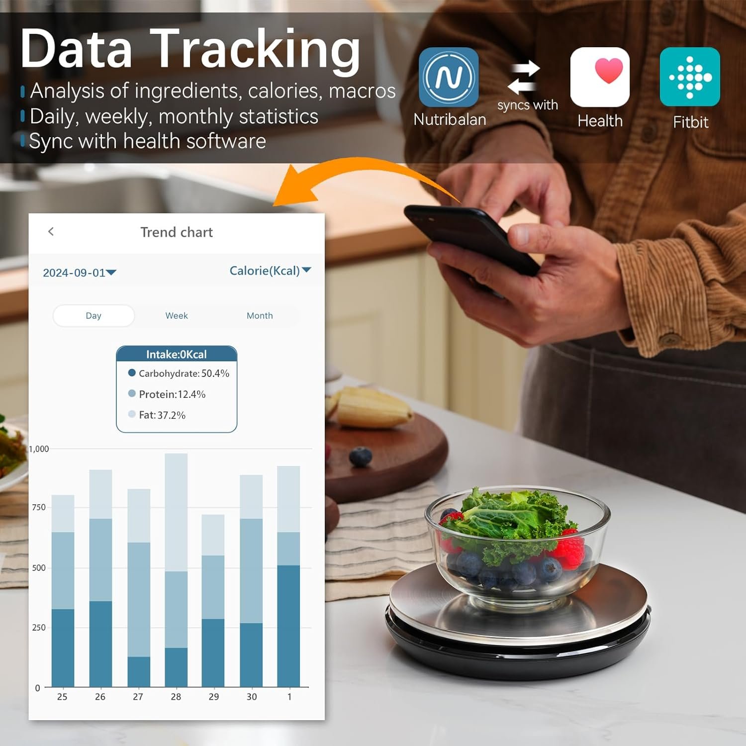 Smart Nutritional Scale,0.005 oz/0.1 g High Precision, 11 lb/5 kg,Smart Food Scales Calorie Calculator with App Food Database, Digital Kitchen Scale for Cooking, Baking, etc, Black - Image 4