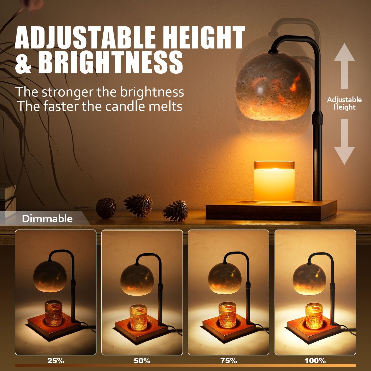 Candle Warmer Lamp with Timer, Adjustable Height Dimmable Candle Lamp Warmer for Bedroom, Wax Warmer Lamp for Scented Candles with Marble, 2 Bulbs House Warming Gifts for Mom (Ball) - Image 5
