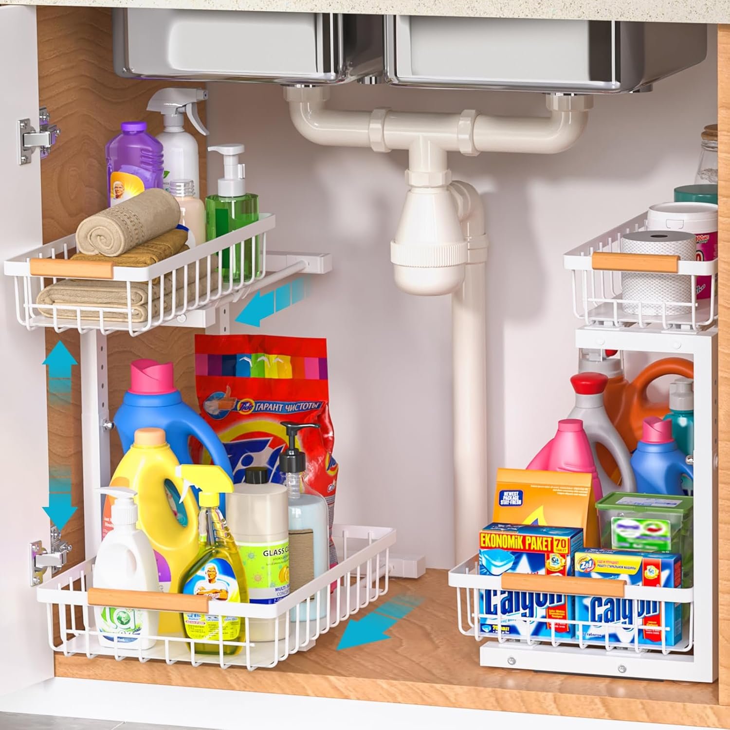 Under Sink Organizer 2 pack, 2 Tier Slide Out Under Sink Organizers And Storage, Height Adjustable Pull Out Cabinet Organizer Drawers, Kitchen Bathroom Metal Sink Storage Shelves, White - Image 2