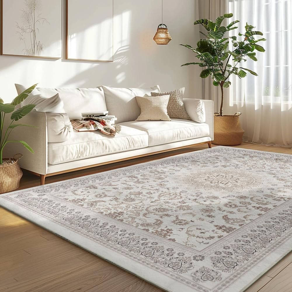 Artoid Mode Beige Traditional Medallion Border Area Rug, Home Decor Low-Profile Area Rugs for Entryway Bedroom Living Room Laundry Room Indoor 5x7 Feet - Image 10