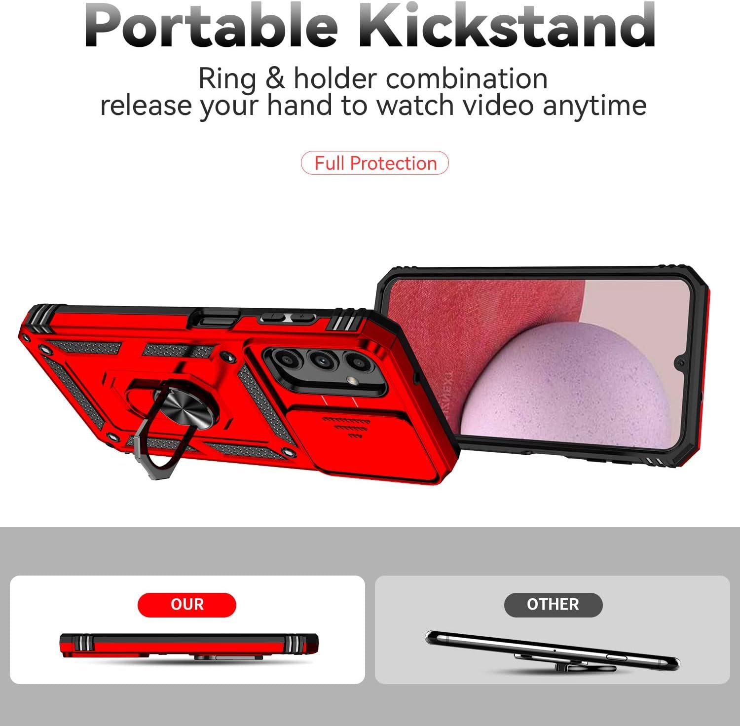 for Galaxy A14 5G Phone Case with Camera Lens Cover HD Screen Protector, Dual Layer Military-Grade Drop Tested Magnetic Ring Holder Kickstand Protective Phone Case for Samsung A14 (Red) - Image 5