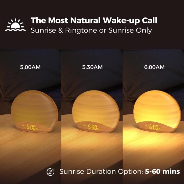 REACHER Natural Wood Grain Sound Machine Sunrise Alarm Clock，26 Nature Inspired Sleeping Sounds, 0-100% Dimmable Clock, Night Light,Brown/Pink/White Noise Sound Machine for Babys, Kids, Adults - Image 3